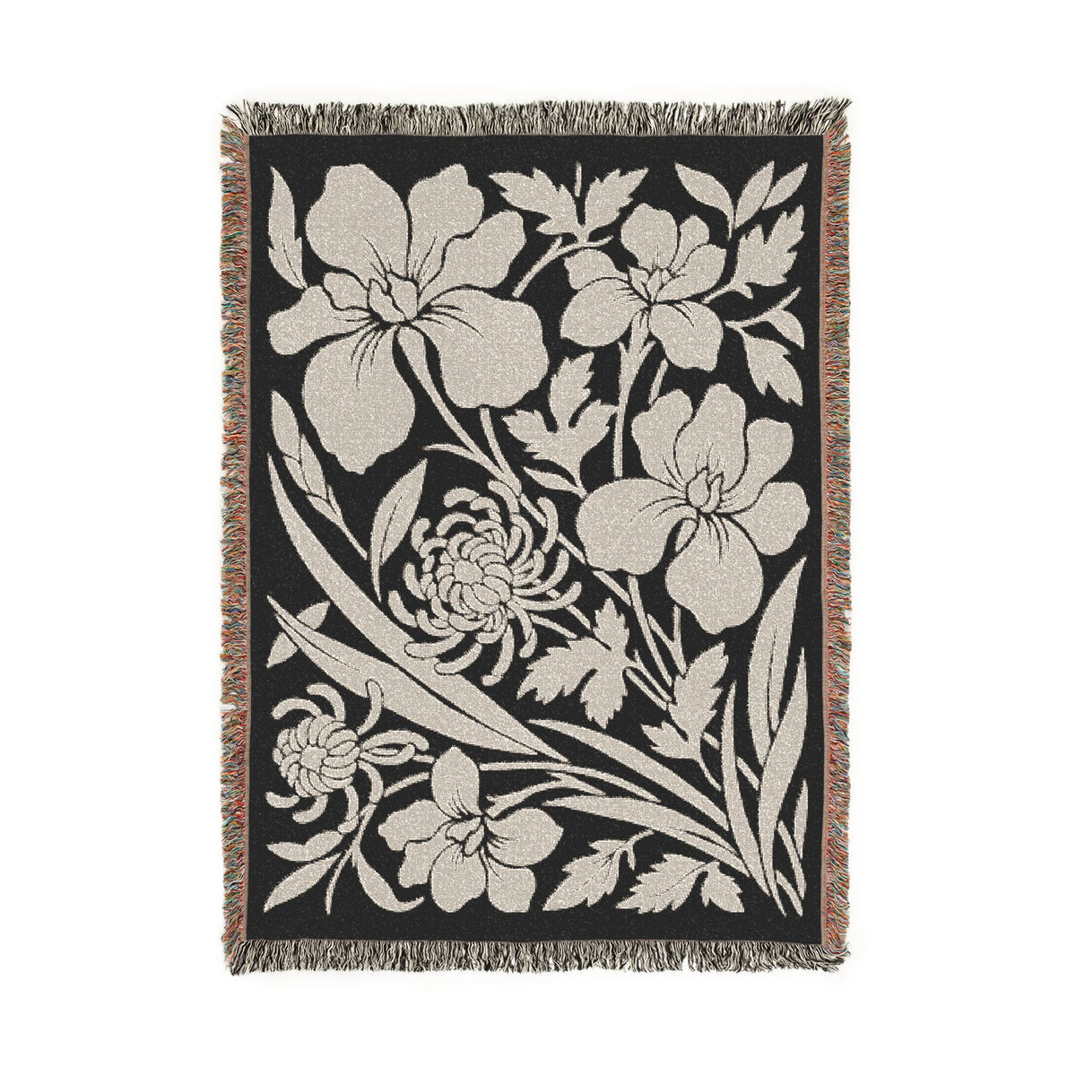 Neutral Japanese-Inspired Midnight Botanicals Floral Pattern Woven Blanket | Botanical Throw, Fringe Edge