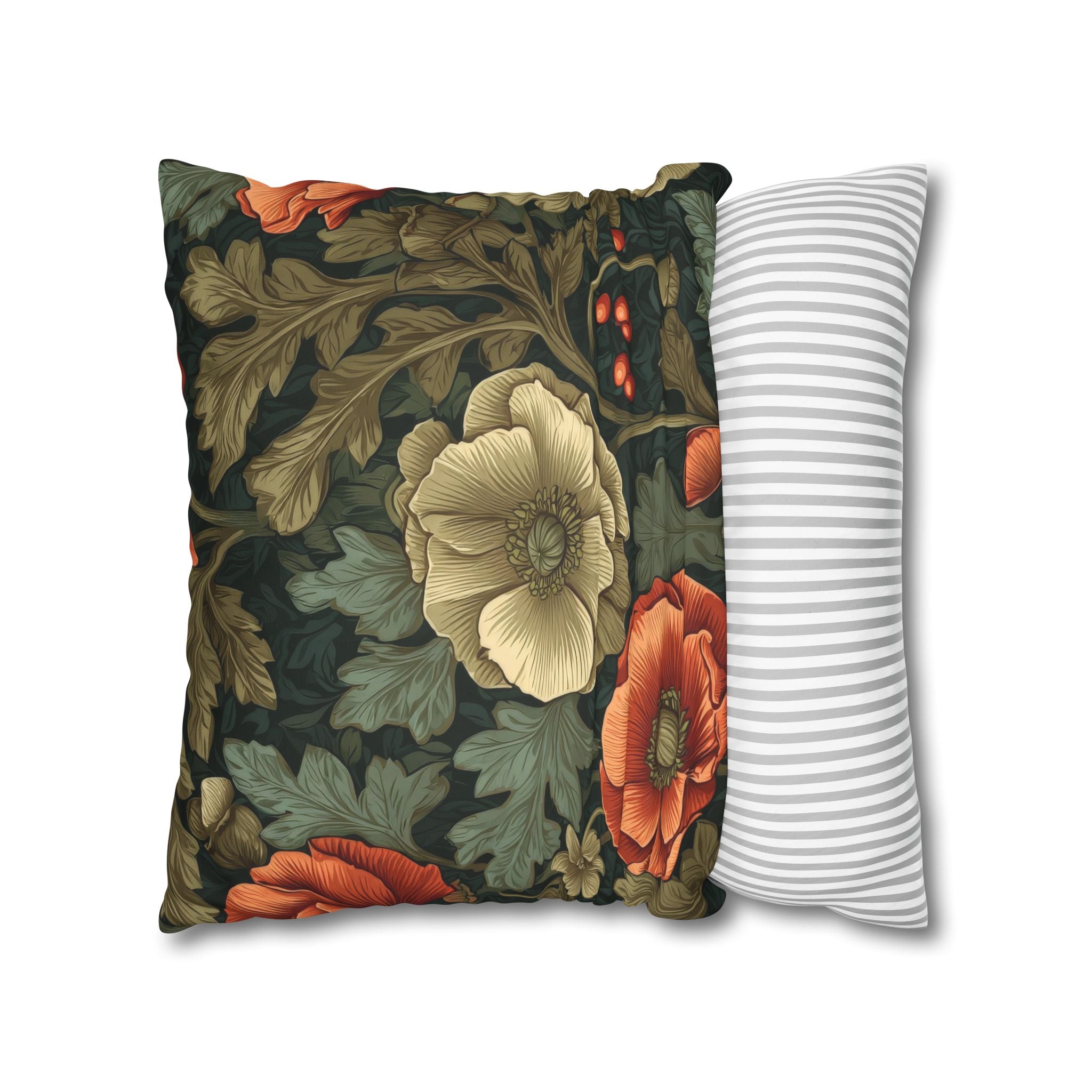 William Morris Inspired Poppy Garden Faux Suede Square Pillowcase