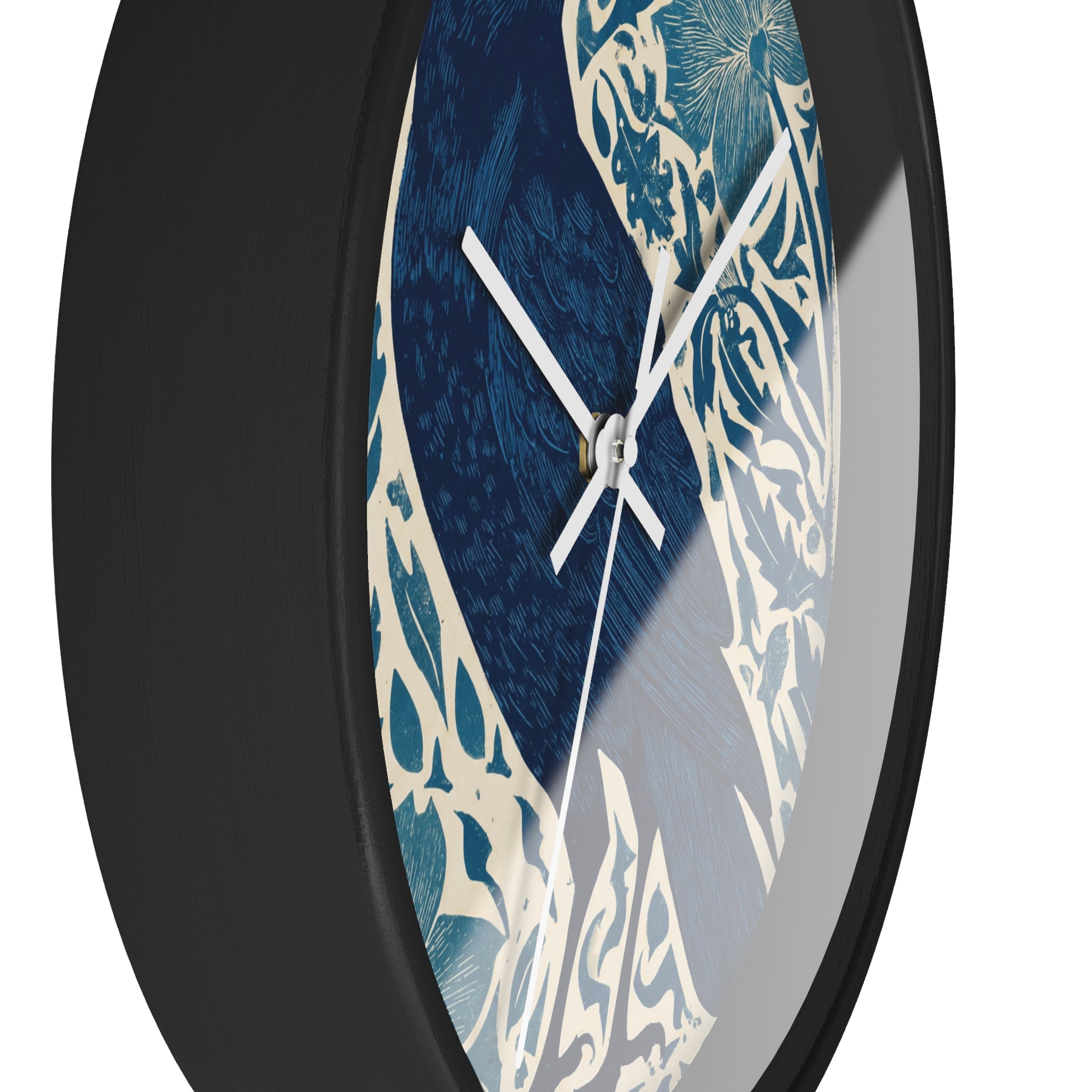 Linocut Raven Floral Wall Clock | Woodblock Style Vine Pattern