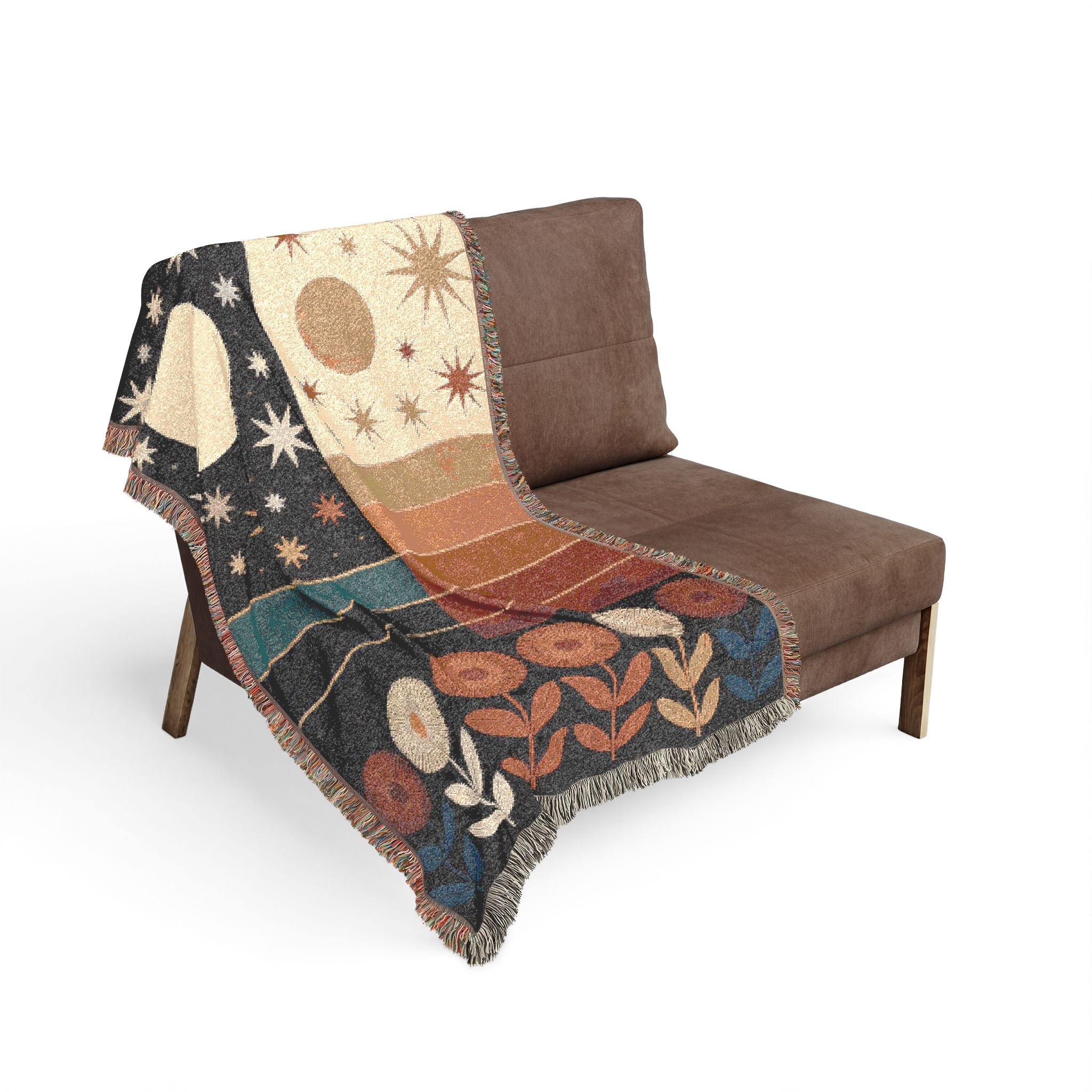 Celestial Sun & Moon Woven Blanket | Retro Desert Stars Mid-Century Boho