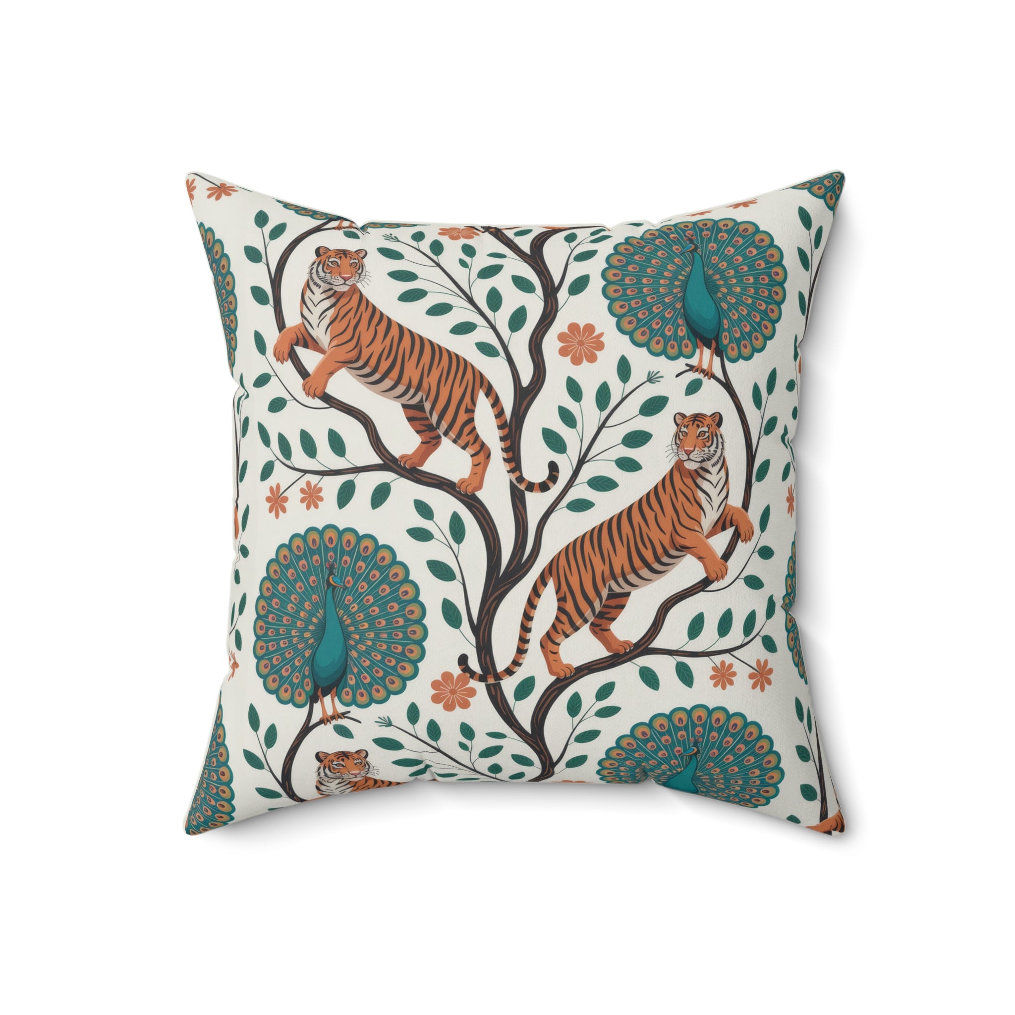 Tiger and Peacock Pillow Featuring a Decorative Botanical Animal Design