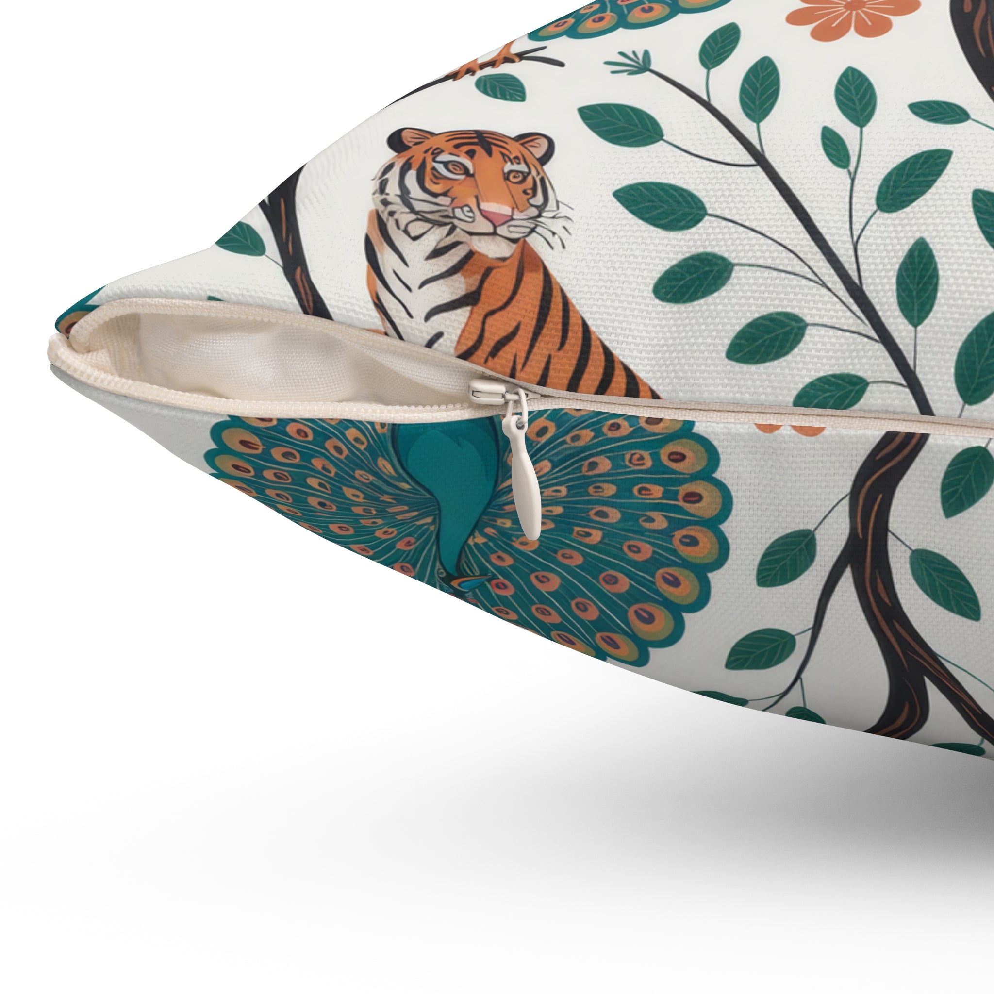 Tiger and Peacock Throw Pillow | Botanical Animal Print Square Pillow