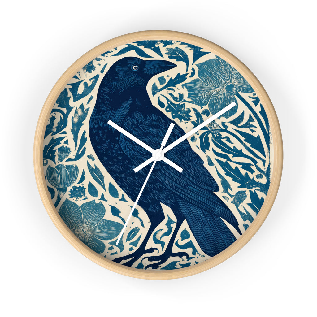 Linocut Raven Floral Wall Clock | Woodblock Style Vine Pattern