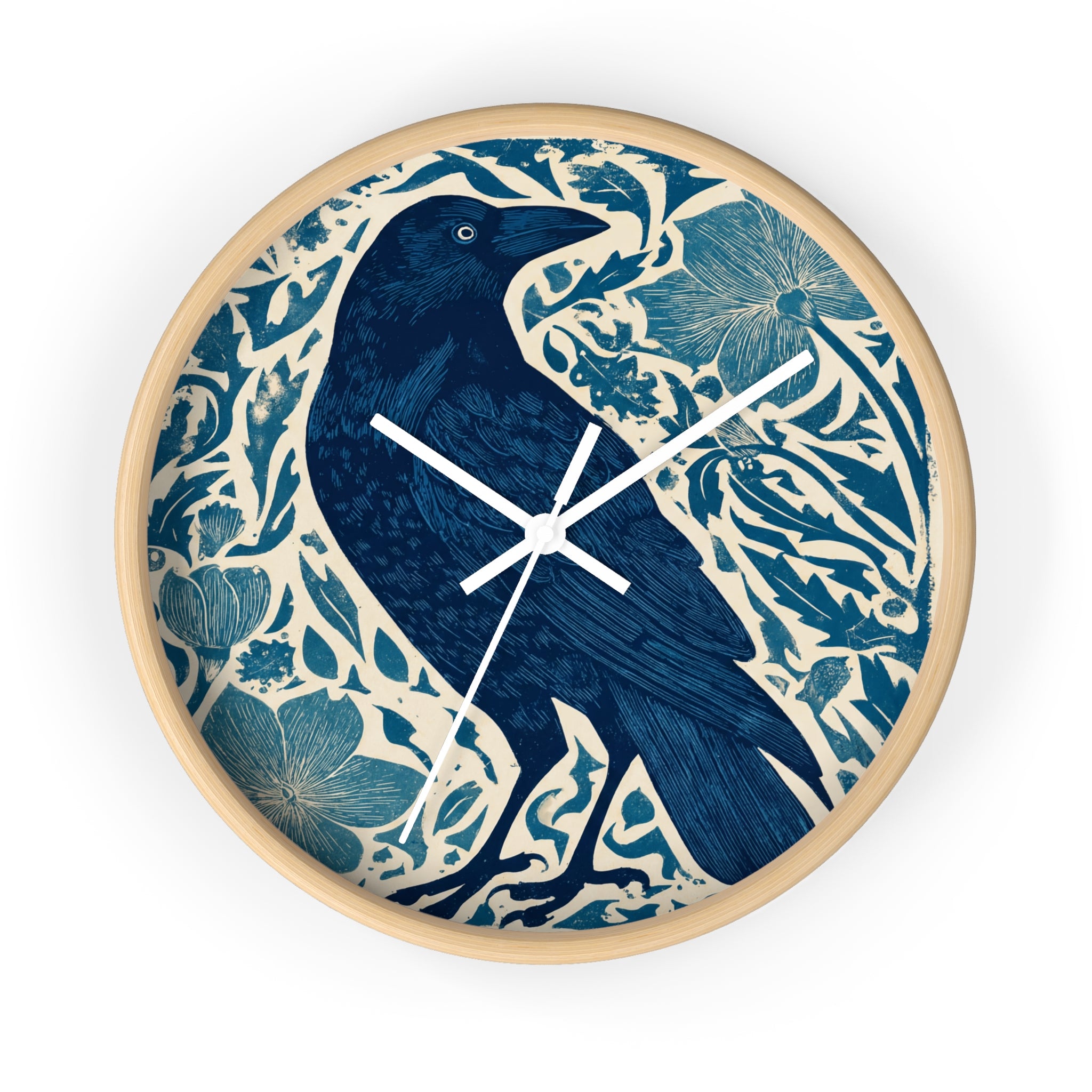 Linocut Raven Floral Wall Clock | Woodblock Style Vine Pattern