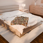 Jaguar and parrot plush throw displayed at the foot of a bed