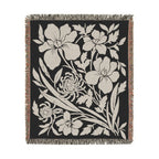 Neutral Japanese-Inspired Midnight Botanicals Floral Pattern Woven Blanket | Botanical Throw, Fringe Edge