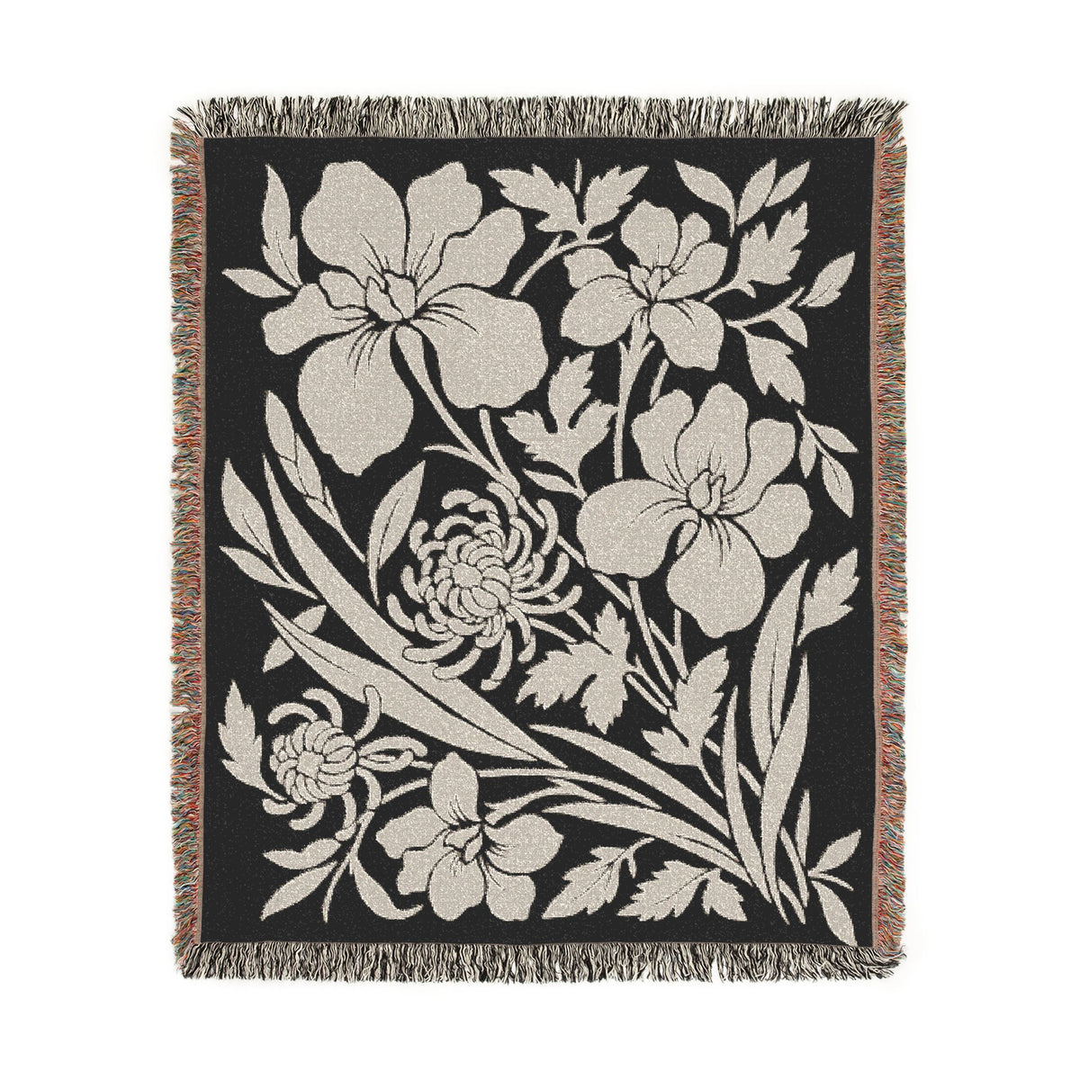 Neutral Japanese-Inspired Midnight Botanicals Floral Pattern Woven Blanket | Botanical Throw, Fringe Edge
