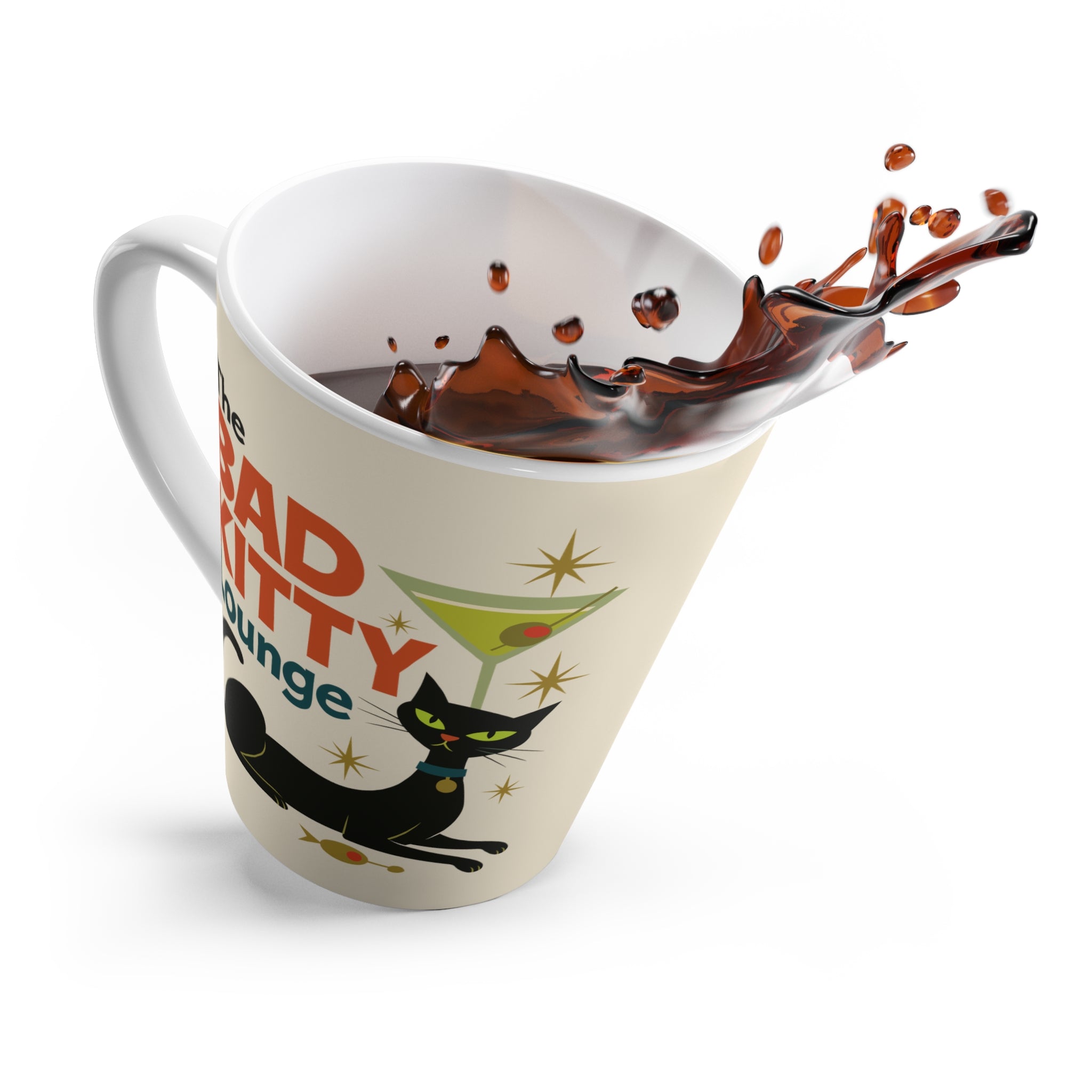 Retro Black Cat Coffee Mug | Bad Kitty Lounge | Martini Glass Mid Century Modern Cat Lover Cup 12oz Latte Mug Atomic Era Gift