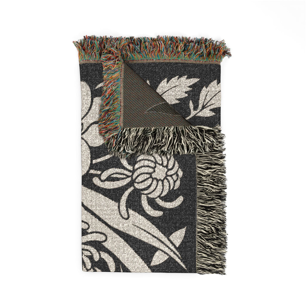Neutral Japanese-Inspired Midnight Botanicals Floral Pattern Woven Blanket | Botanical Throw, Fringe Edge