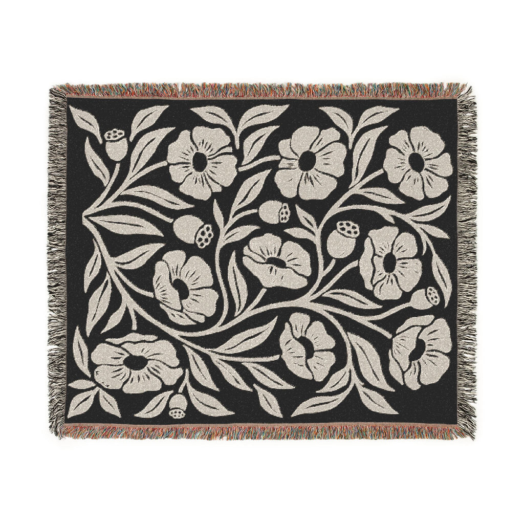 Black & Cream Oversized Poppy Woven Blanket | Floral Throw