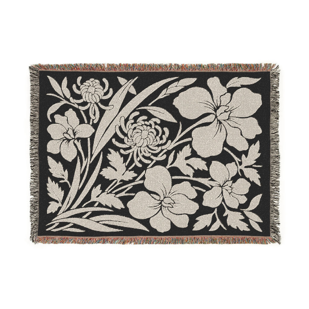 Neutral Japanese-Inspired Midnight Botanicals Floral Pattern Woven Blanket | Botanical Throw, Fringe Edge