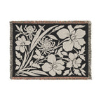 Neutral Japanese-Inspired Midnight Botanicals Floral Pattern Woven Blanket | Botanical Throw, Fringe Edge