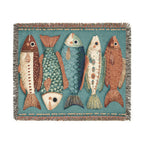 Vintage Folk Fish Woven Blanket | Teal & Rust Throw