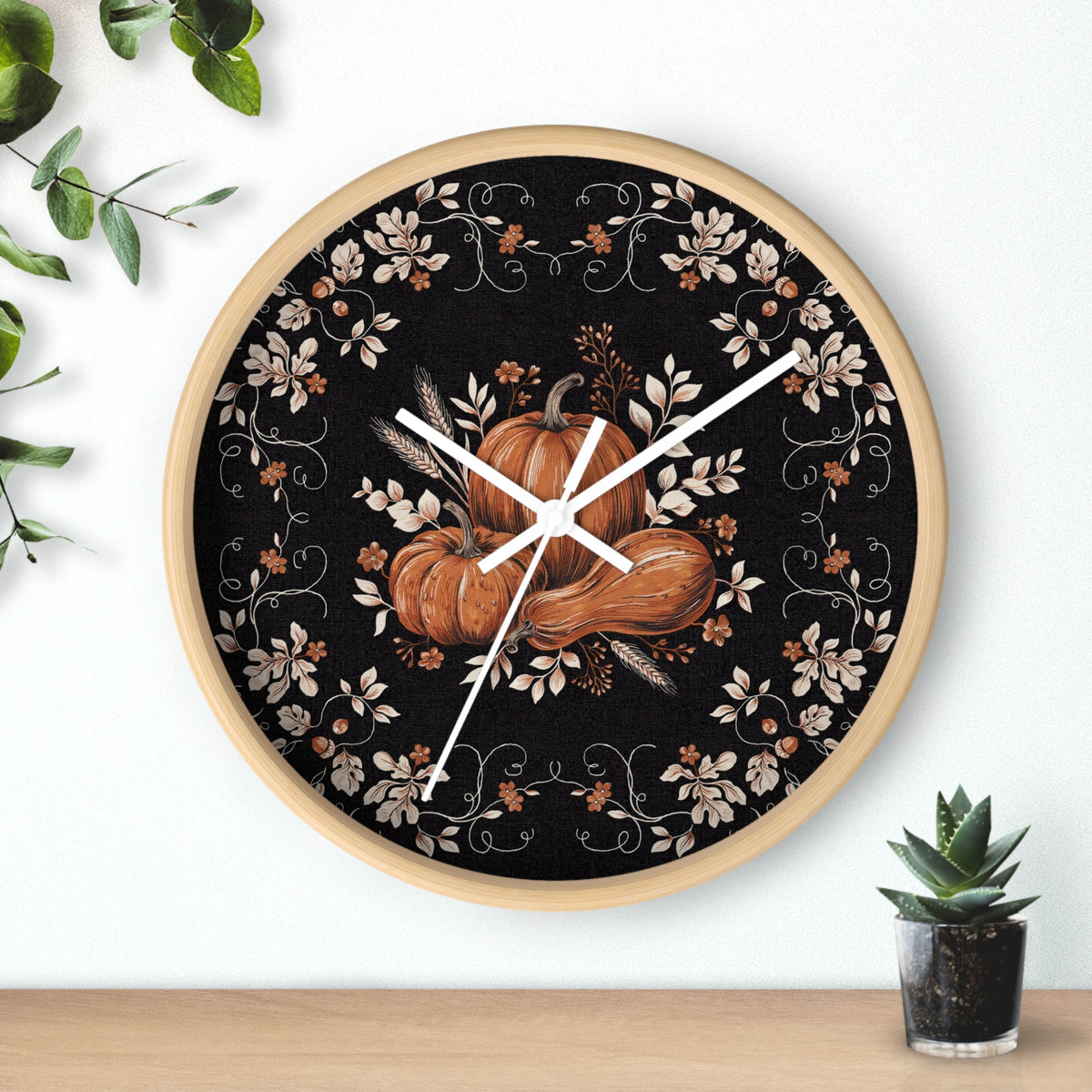 Autumn Pumpkin Wall Clock | Black Floral Fall Decor