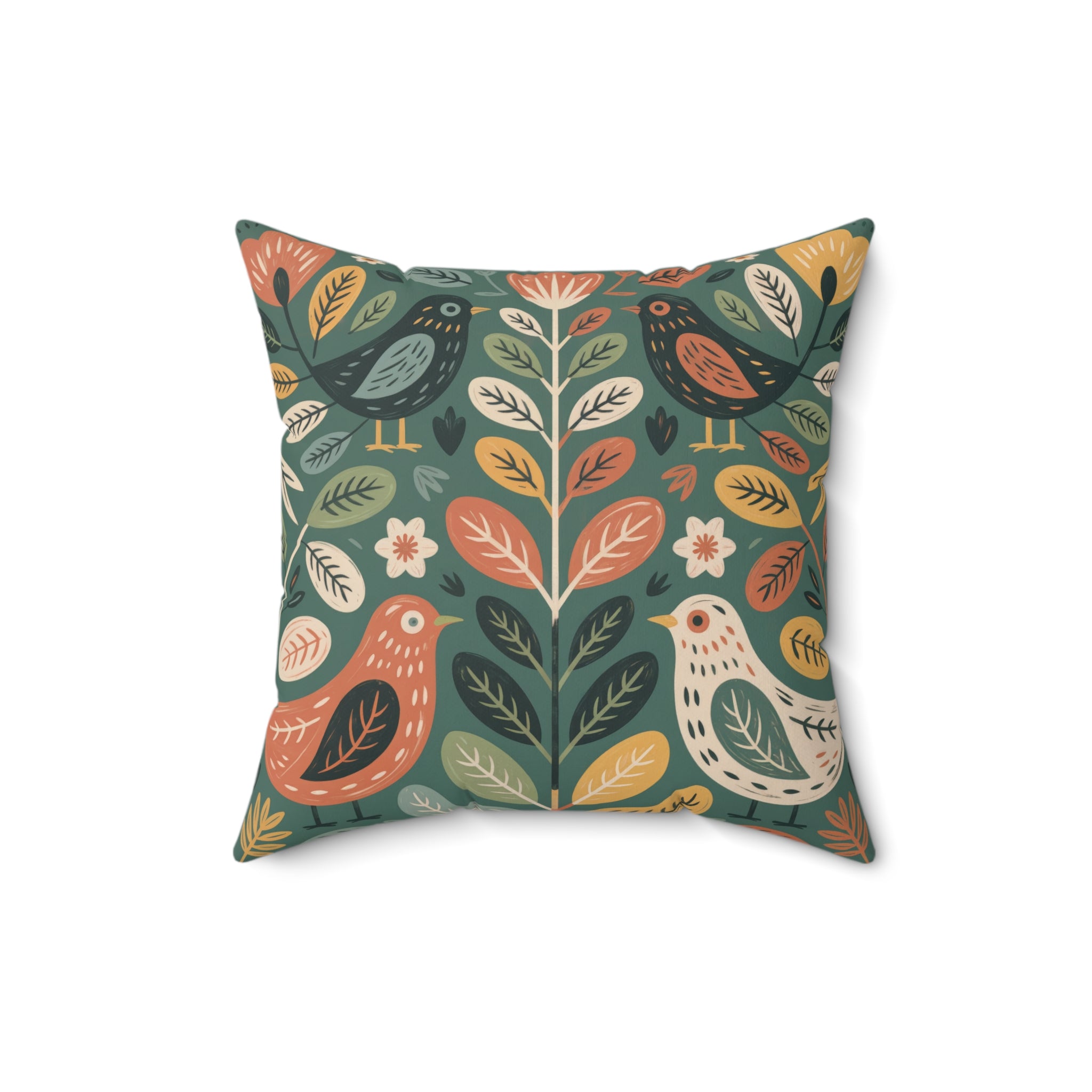 Folk Bird Botanical Throw Pillow, Cottagecore Nature Decor, Decorative Faux Suede Cushion