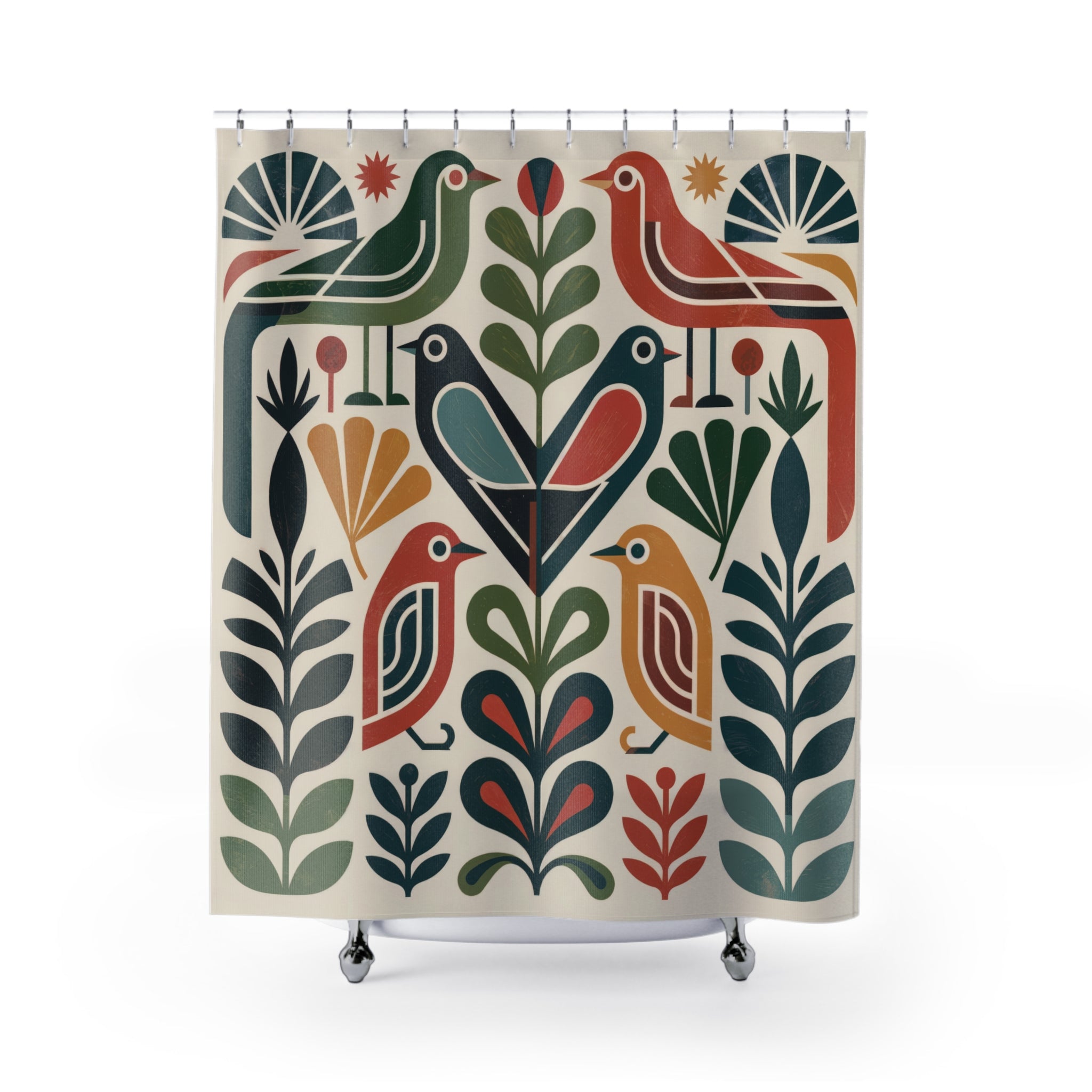 Shower Curtain | Folk Bird Mid Century Boho Design | Boho Home Decor Gift