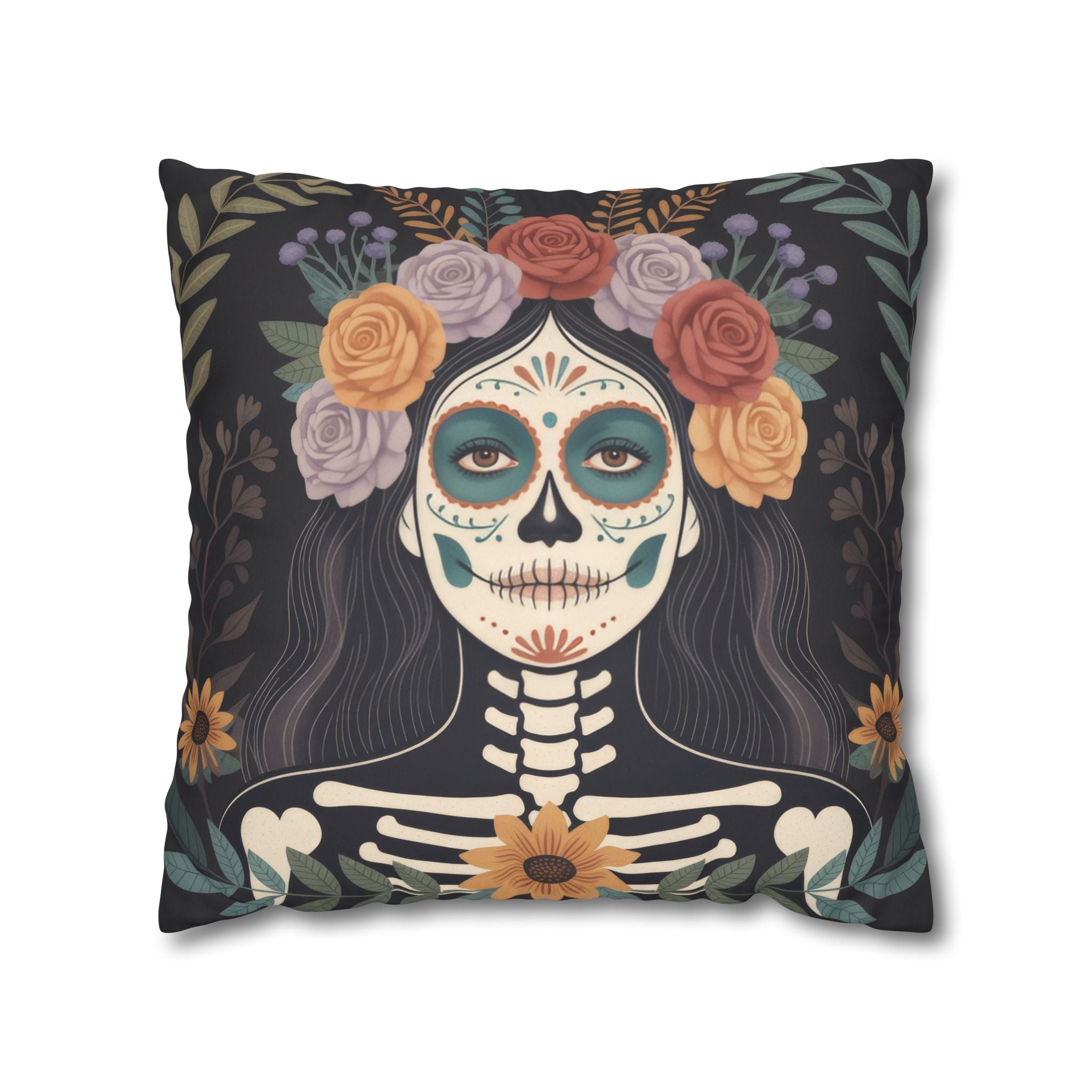 La Catrina Faux Suede Pillow Cover, Colorful Day of the Dead Floral Skull Decor