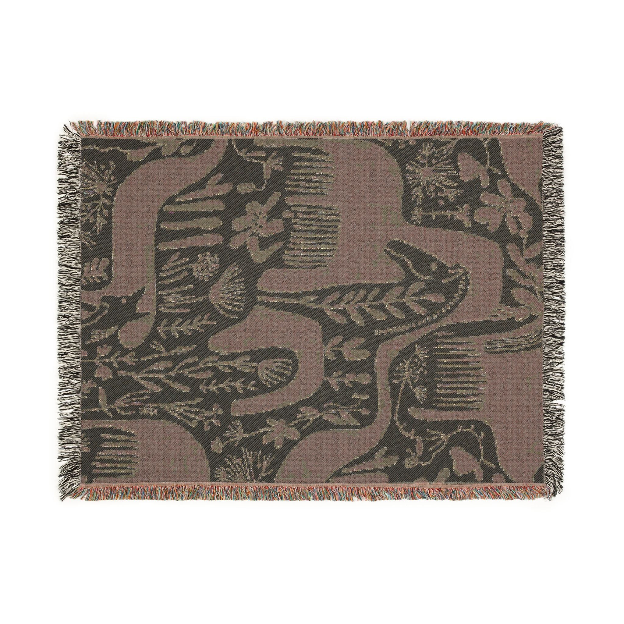 Scandinavian Horse Pattern Woven Blanket | Blue Cream Folk Art Tapestry