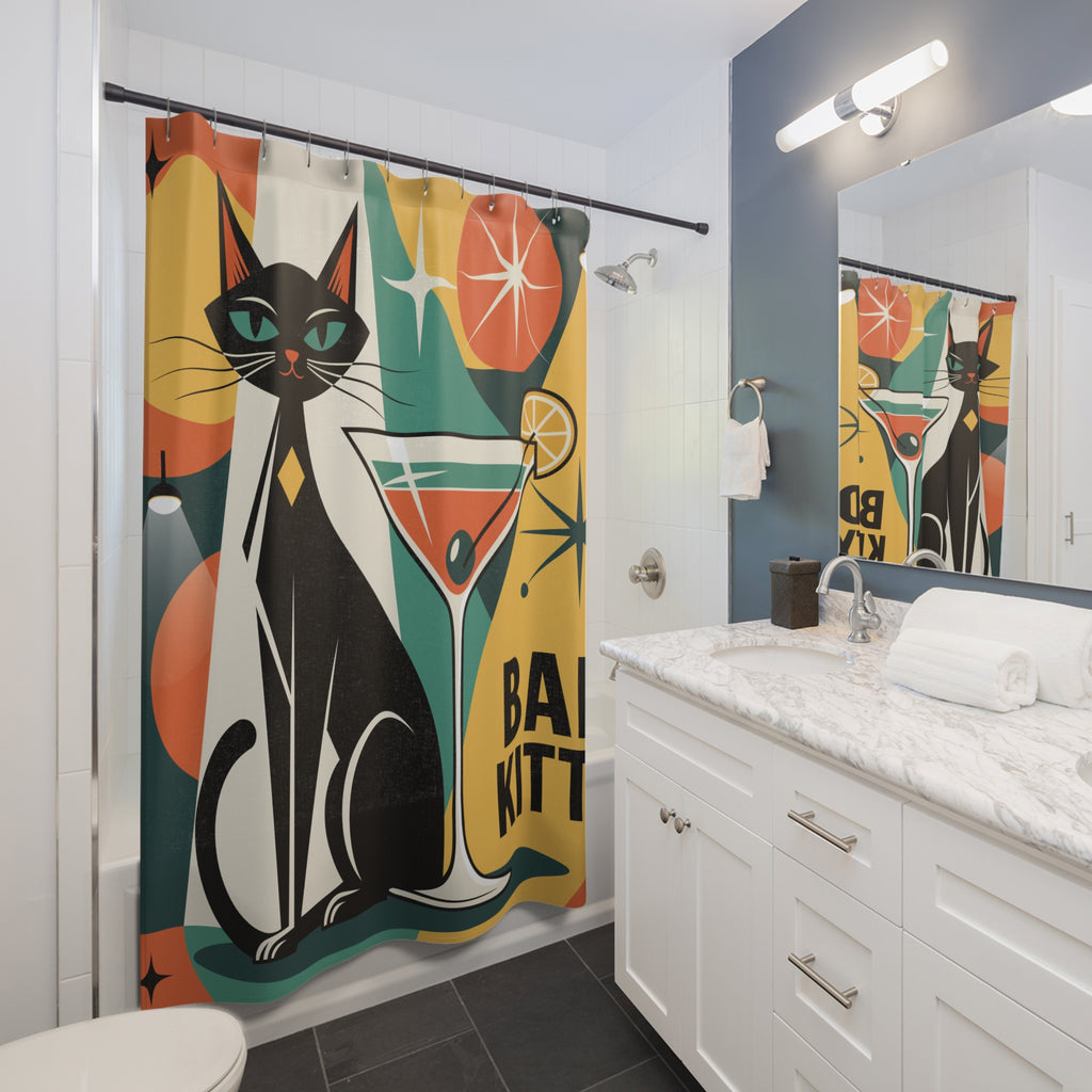Bad Kitty Mod Black Cat Shower Curtain | Geometric Retro Cocktail Glam