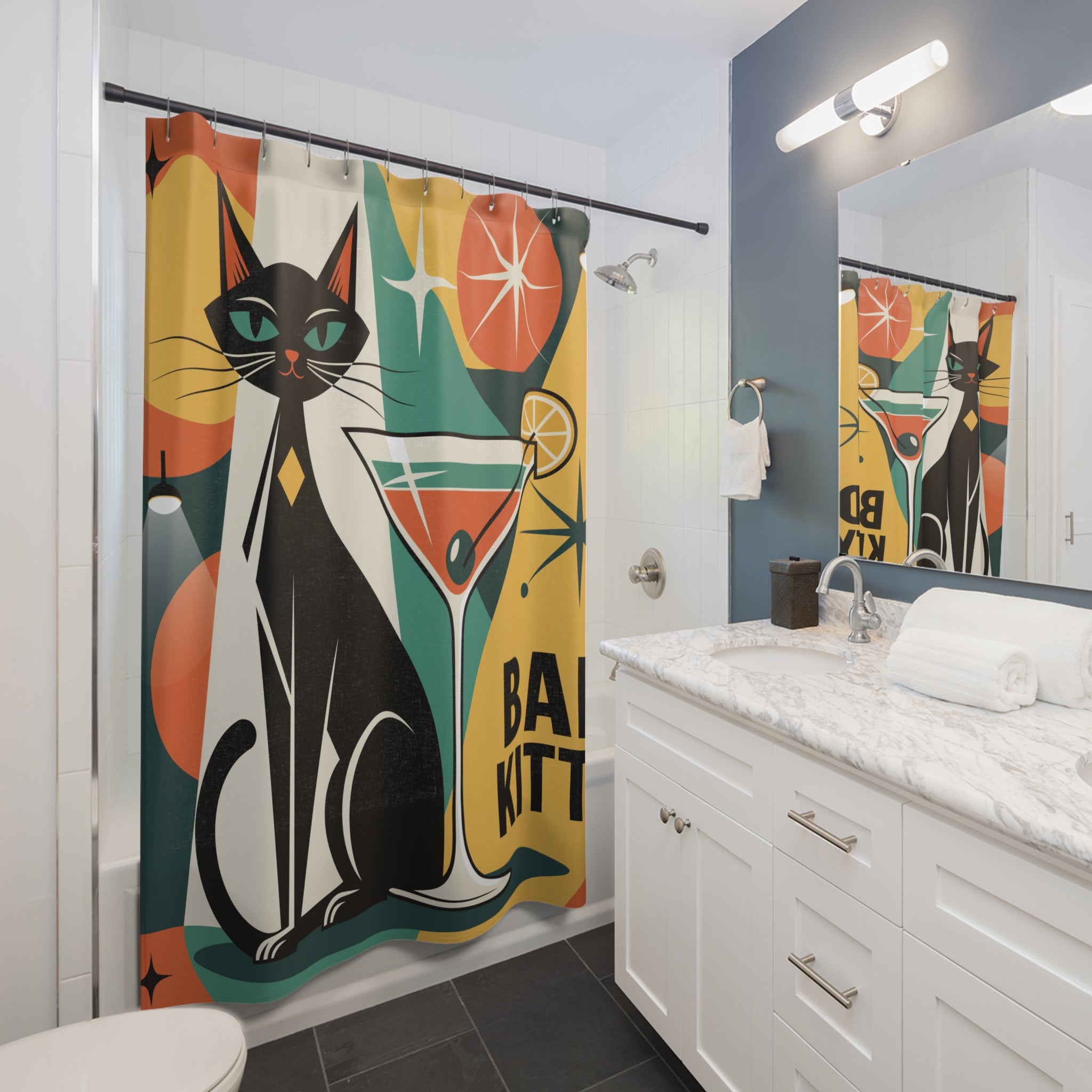 Bad Kitty Mod Black Cat Shower Curtain | Geometric Retro Cocktail Glam