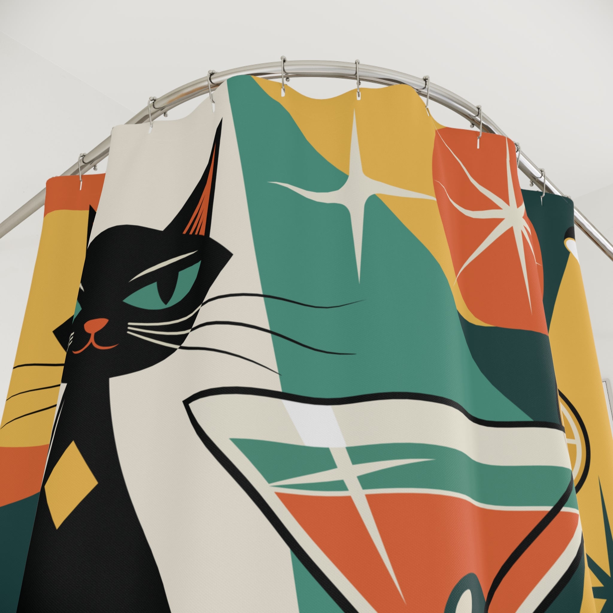 Bad Kitty Mod Black Cat Shower Curtain | Geometric Retro Cocktail Glam
