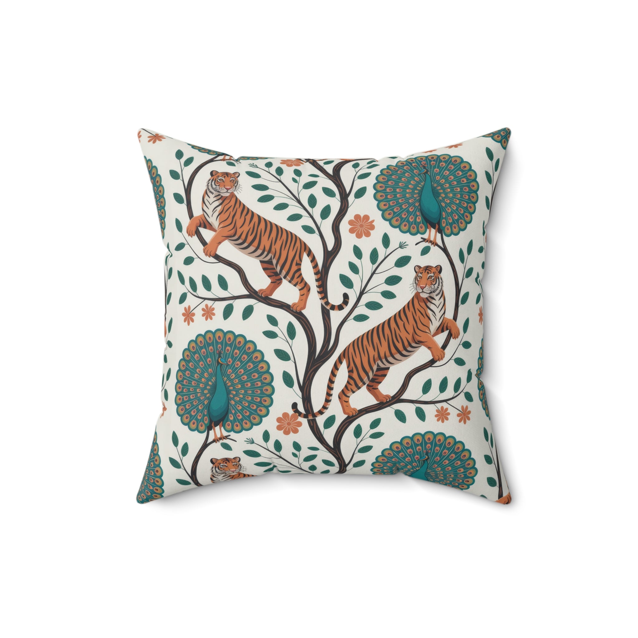 Tiger and Peacock Pillow Featuring a Decorative Botanical Animal Design
