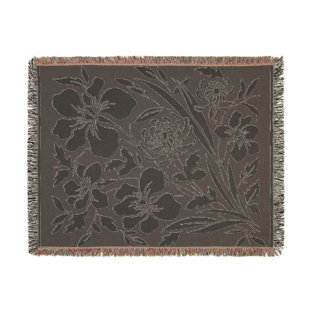 Neutral Japanese-Inspired Midnight Botanicals Floral Pattern Woven Blanket | Botanical Throw, Fringe Edge
