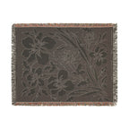 Neutral Japanese-Inspired Midnight Botanicals Floral Pattern Woven Blanket | Botanical Throw, Fringe Edge