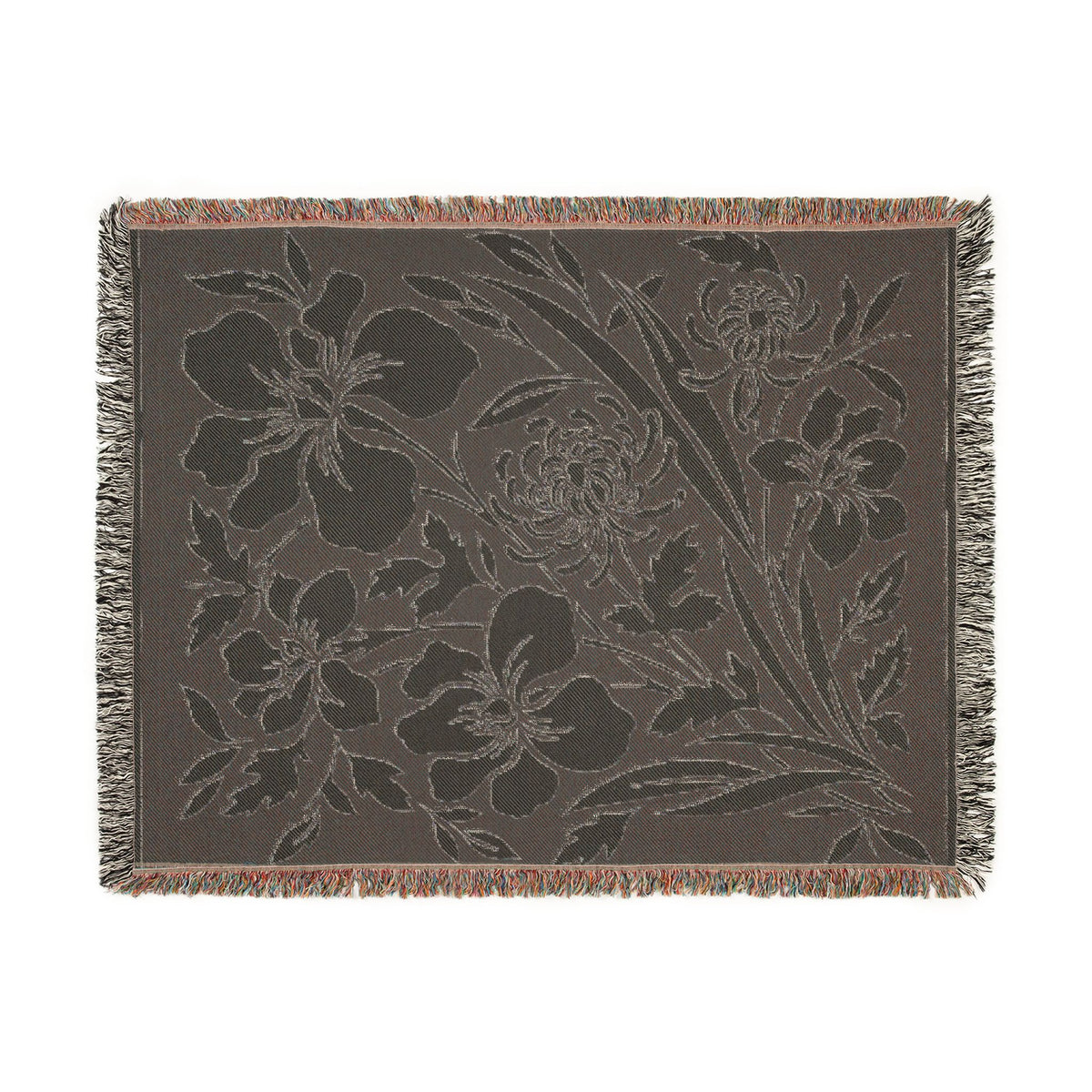 Neutral Japanese-Inspired Midnight Botanicals Floral Pattern Woven Blanket | Botanical Throw, Fringe Edge