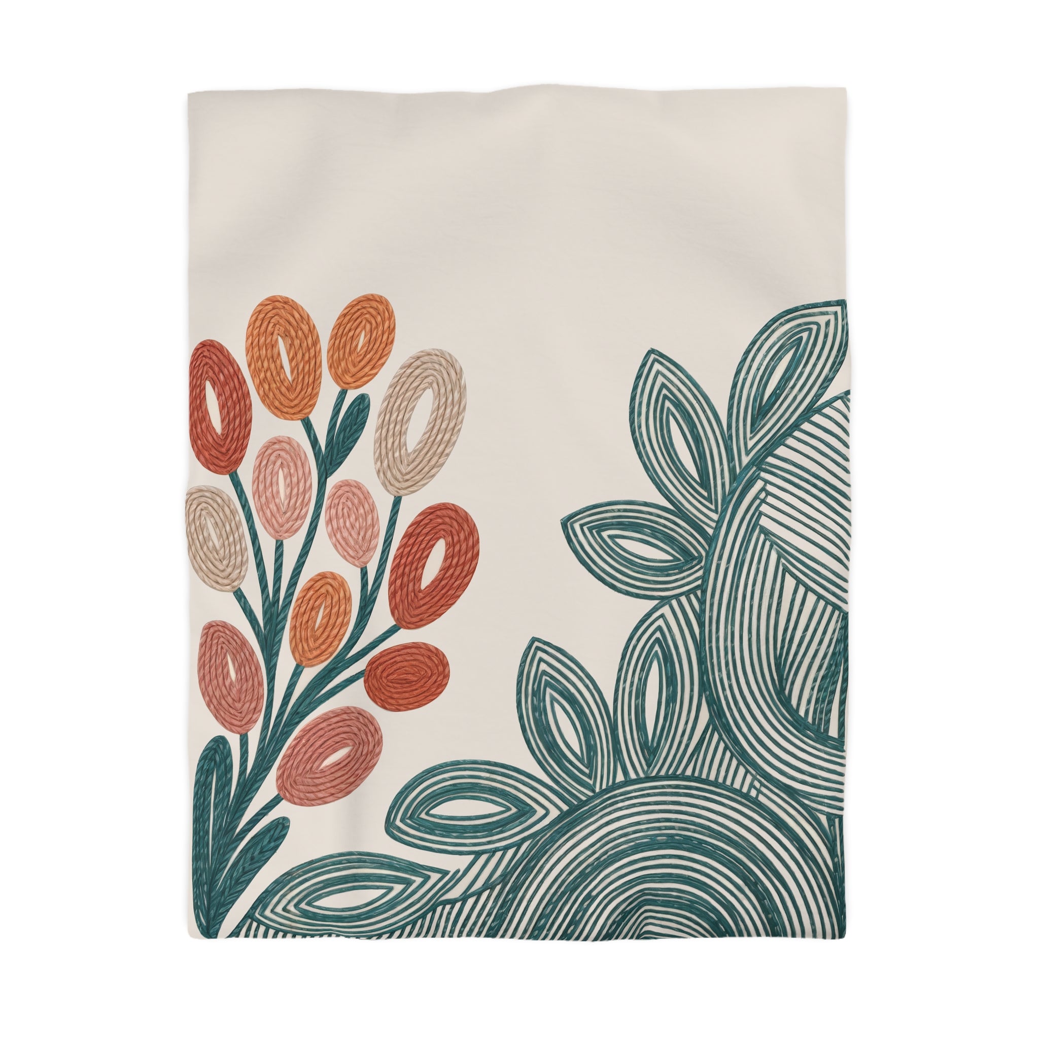 Modern Folk Botanical Duvet Cover | Boho | Mid-Century Floral, Terracotta Teal