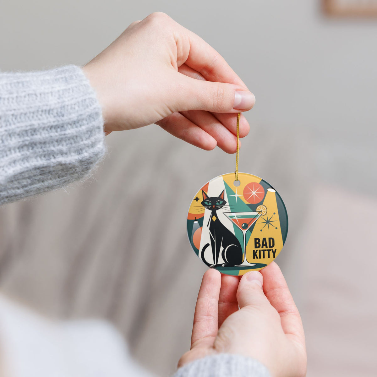 Bad Kitty Cocktail Ornament | Retro Black Cat Christmas Gift