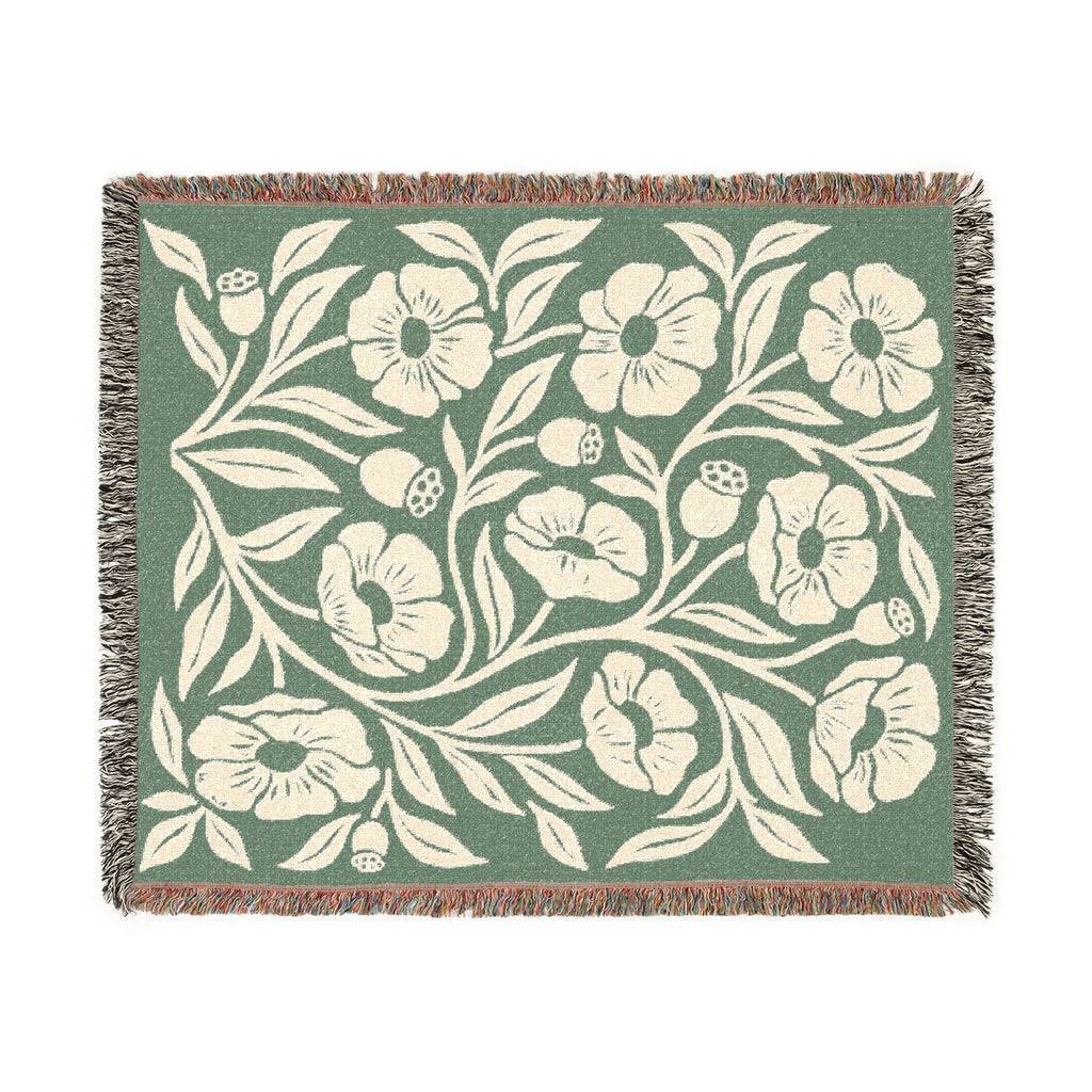 Botanical Floral Pattern Woven Blanket | Green Sage Cream Flower Throw