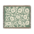 Botanical Floral Pattern Woven Blanket | Green Sage Cream Flower Throw