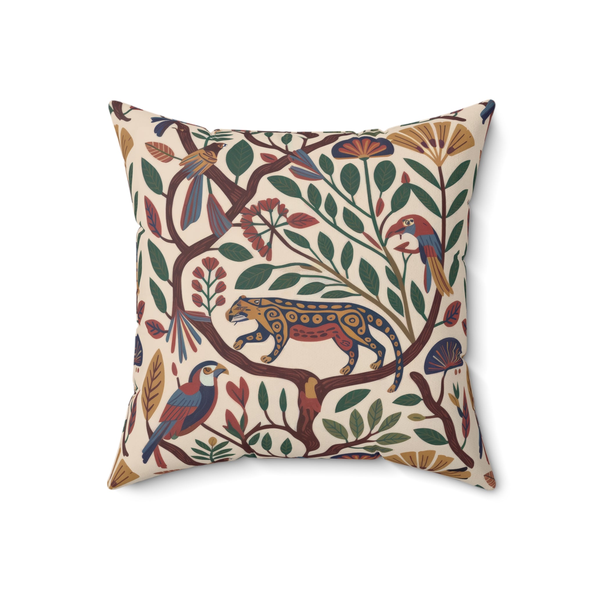 Folk Botanical Jaguar Throw Pillow, Faux Suede Decorative Pillow with Insert, Bohemian Nature Art Cushion