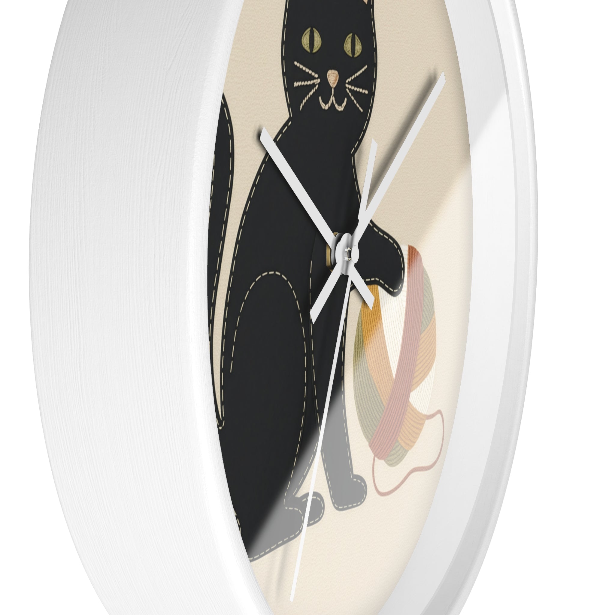 Black Cat Yarn Wall Clock, Modern Minimalist Cat Decor, Knitting & Crochet Lover Gift, Playful Nursery or Craft Room Clock