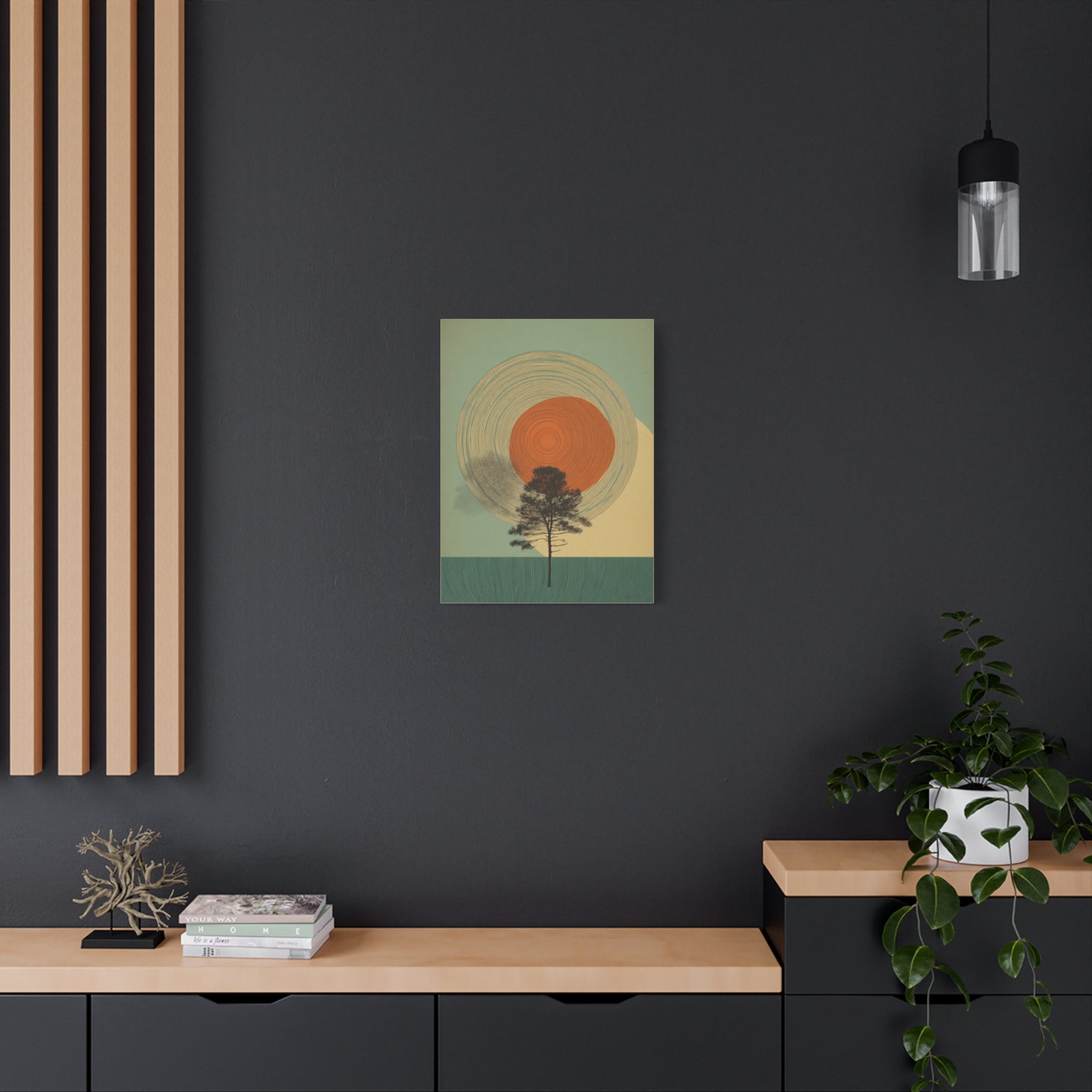 Tree Ring Wall Art | Mid Century Wall Art | Abstract Canvas Of Sun And Tree Nature Landscape
