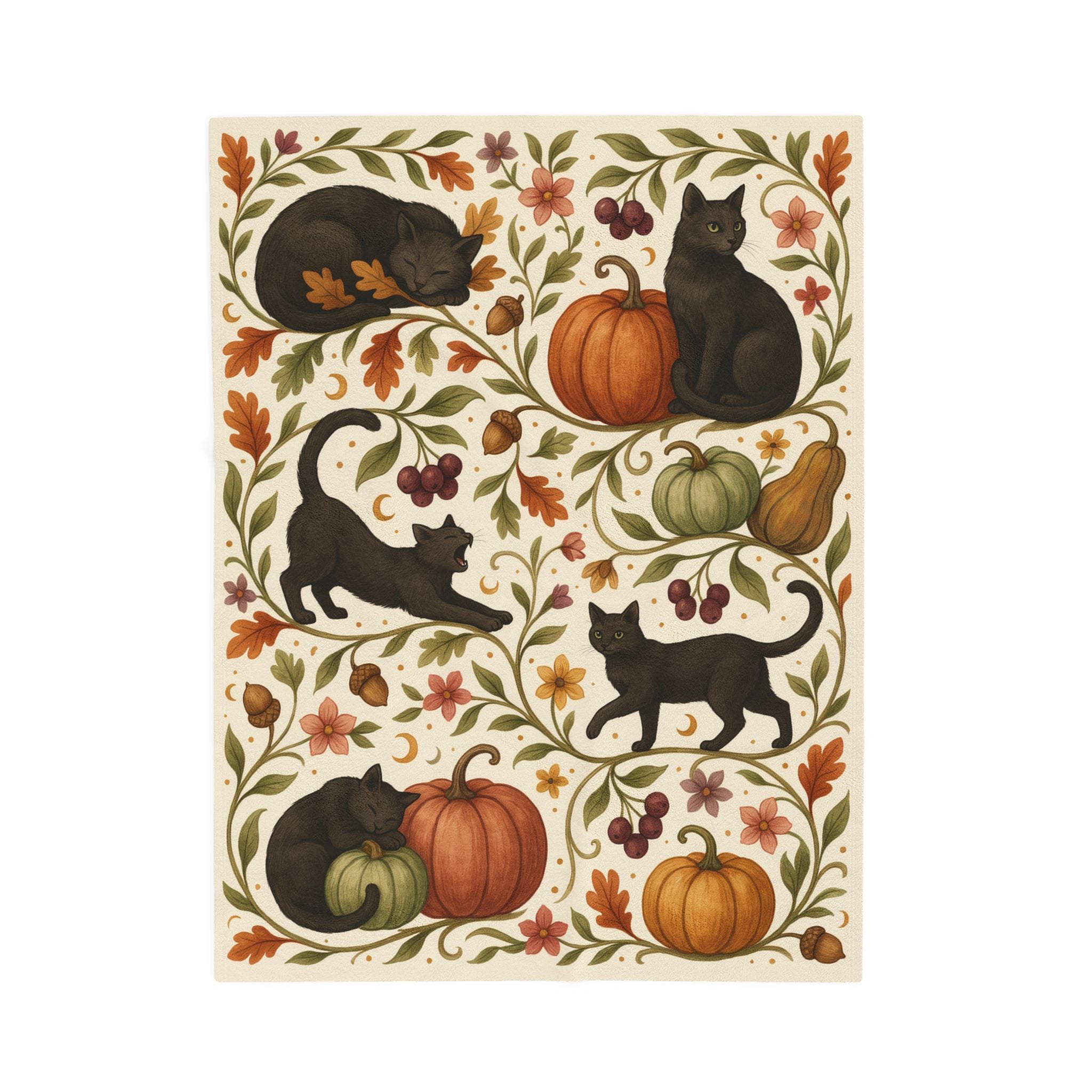Black Cat Cottagecore Blanket, Halloween Botanical Throw Blanket, Pumpkin Cat Fall Decor, Spooky Autumn Blanket