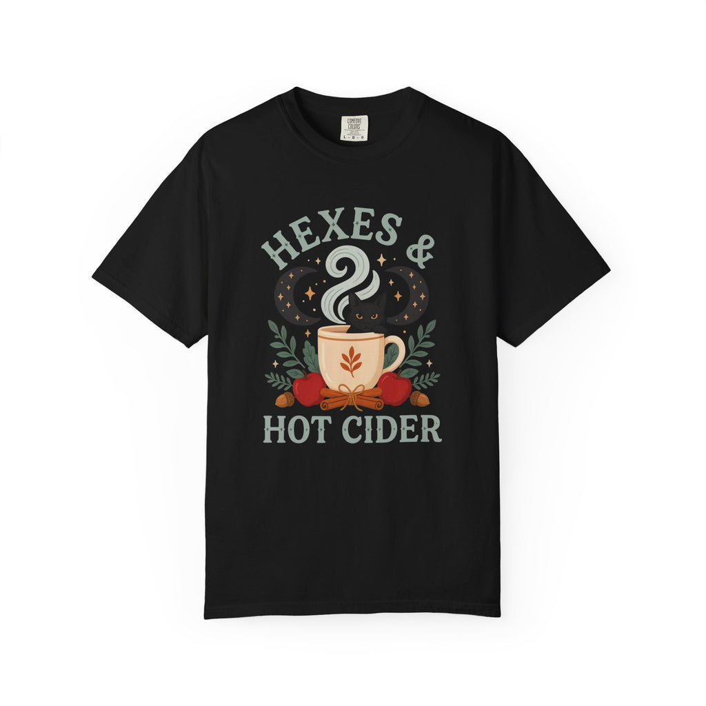 Hexes & Hot Cider T-shirt | Black Cat Mug Autumn Witchy Design