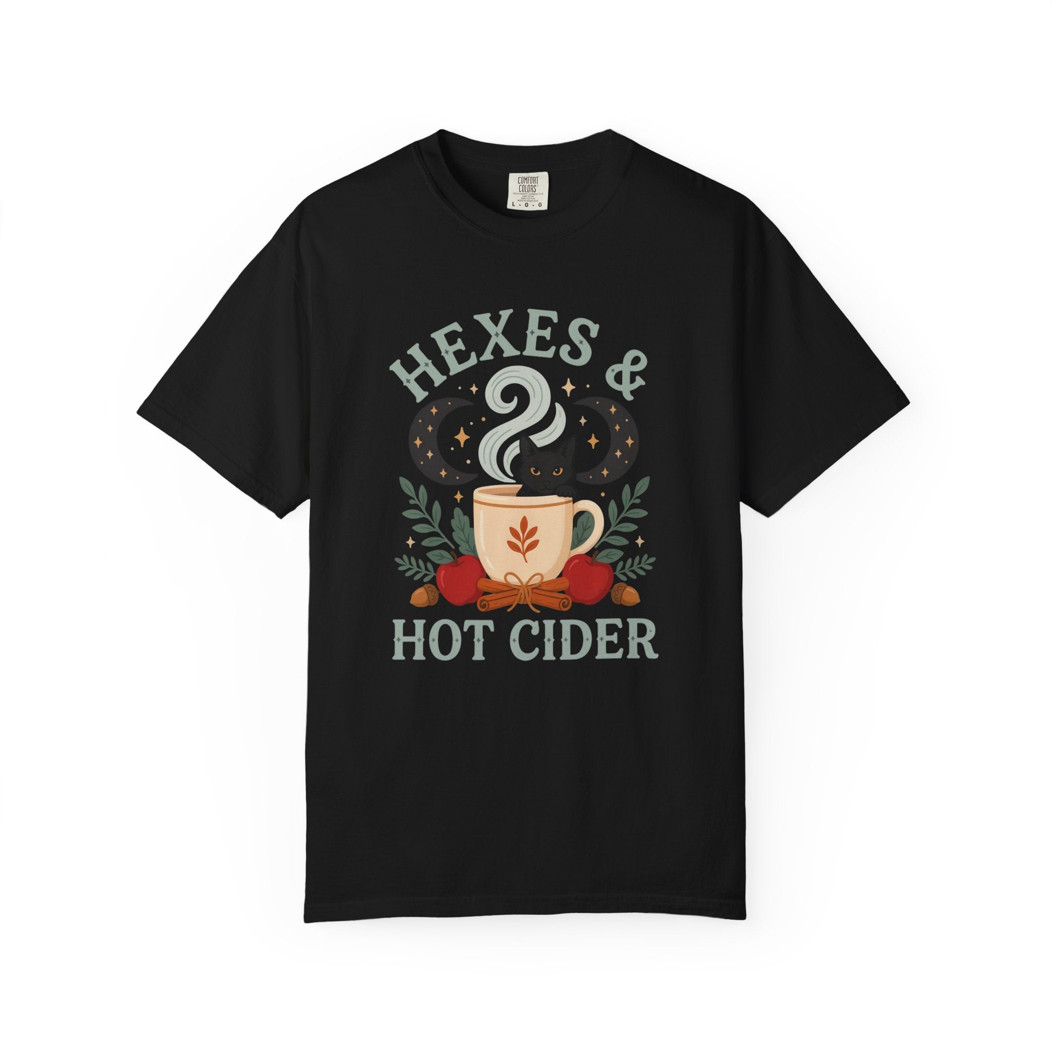Hexes & Hot Cider T-shirt | Black Cat Mug Autumn Witchy Design