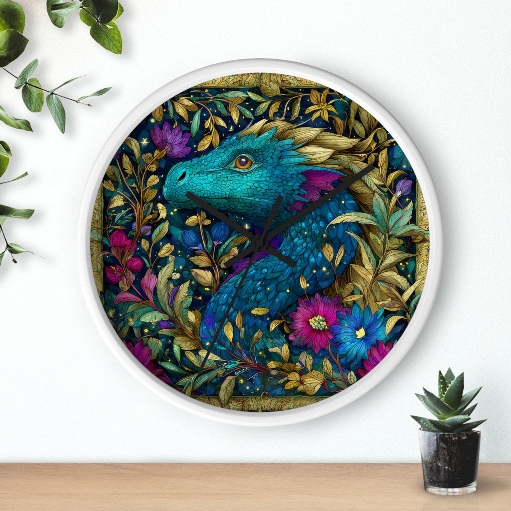 Stained-Glass Dragon Night Garden Wall Clock | Ornate Jewel-Tone Botanical