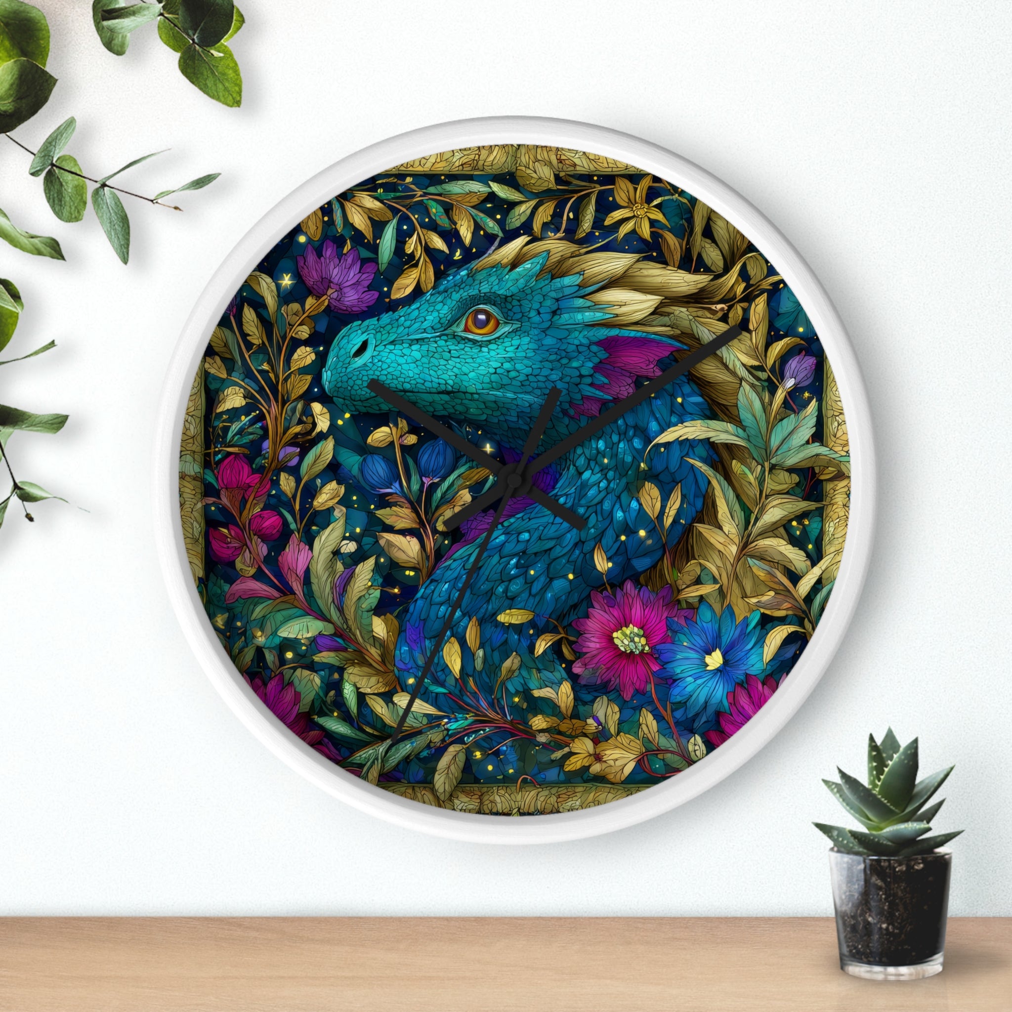 Stained-Glass Dragon Night Garden Wall Clock | Ornate Jewel-Tone Botanical