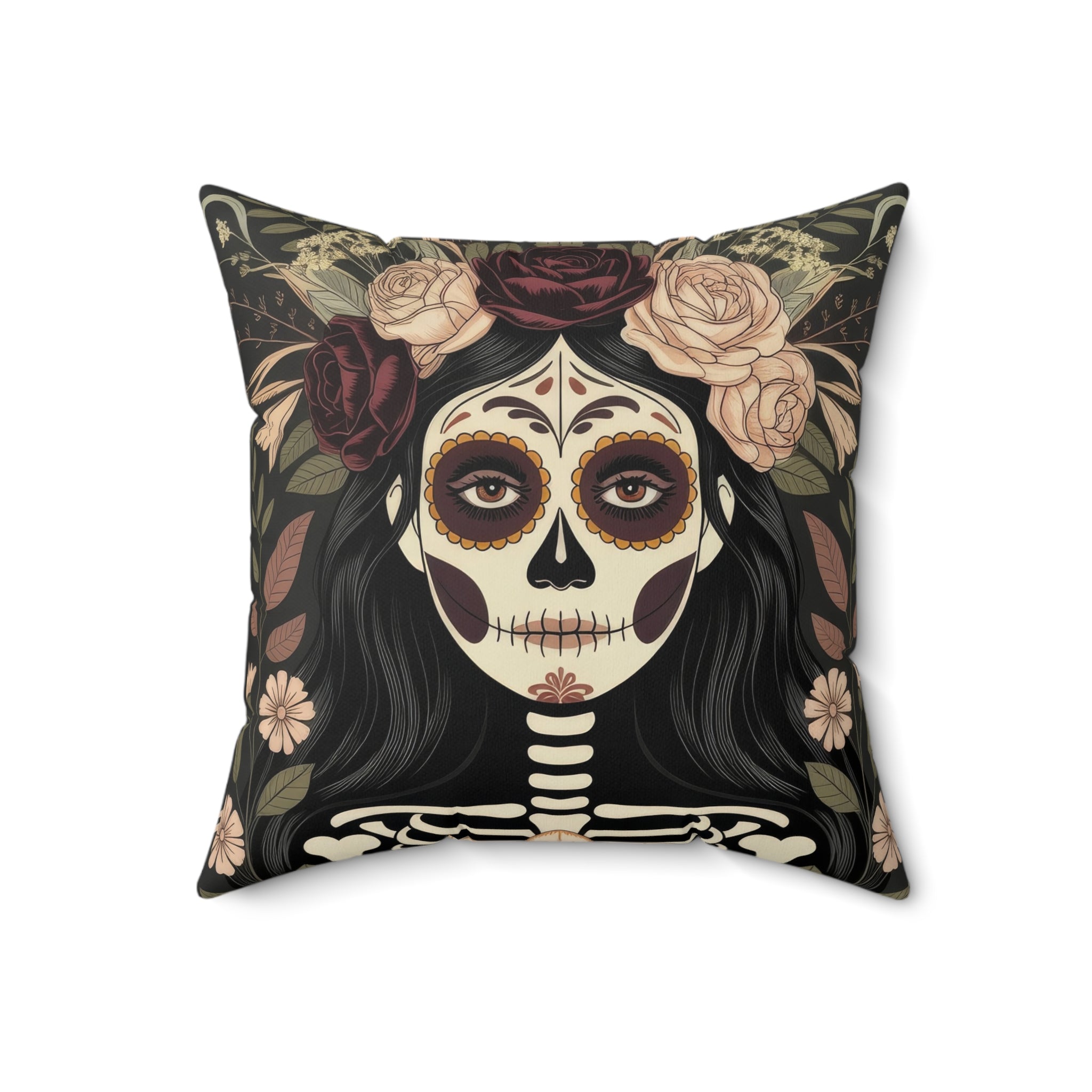 Gothic La Catrina Faux Suede Throw Pillow | Sugar Skull Dia de los Muertos Dark Boho Decor