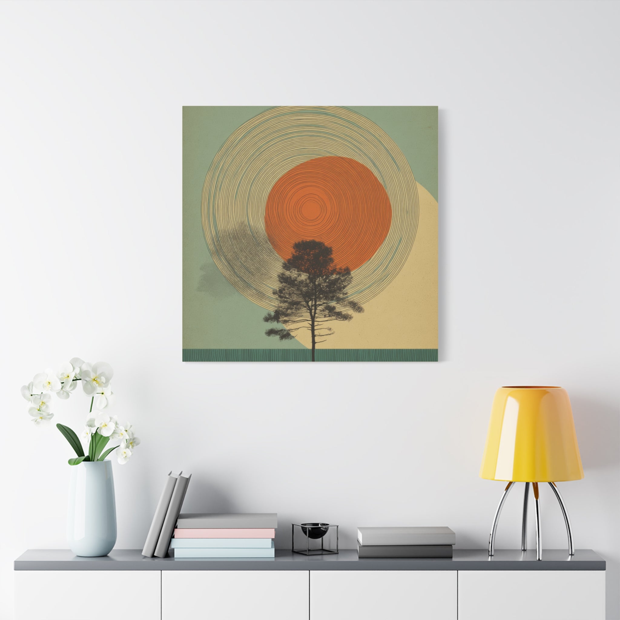 Tree Ring Wall Art | Mid Century Wall Art | Abstract Canvas Of Sun And Tree Nature Landscape