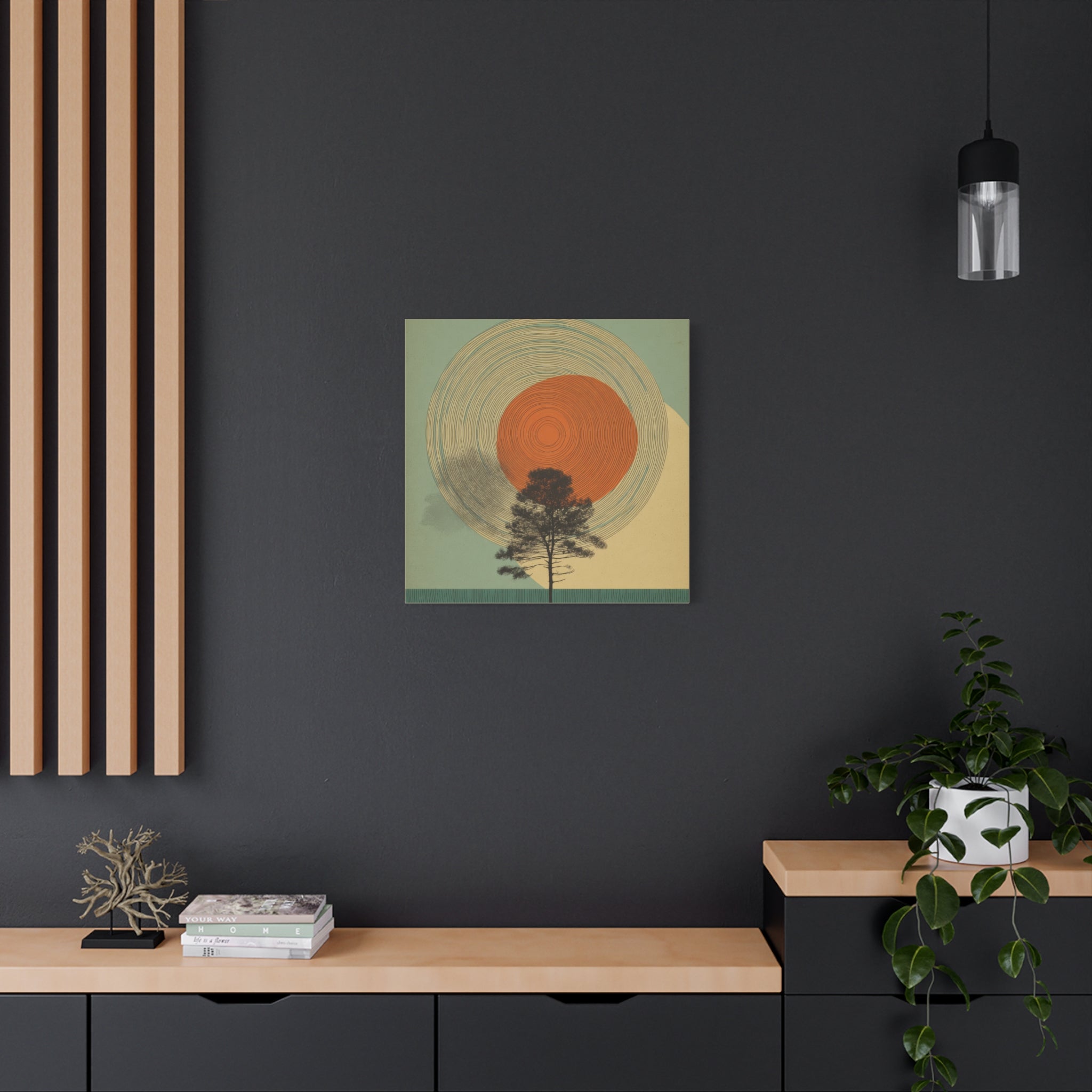 Tree Ring Wall Art | Mid Century Wall Art | Abstract Canvas Of Sun And Tree Nature Landscape