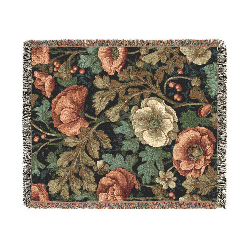William Morris Poppy Garden Woven Blanket | Coral Orange & Teal Floral Throw
