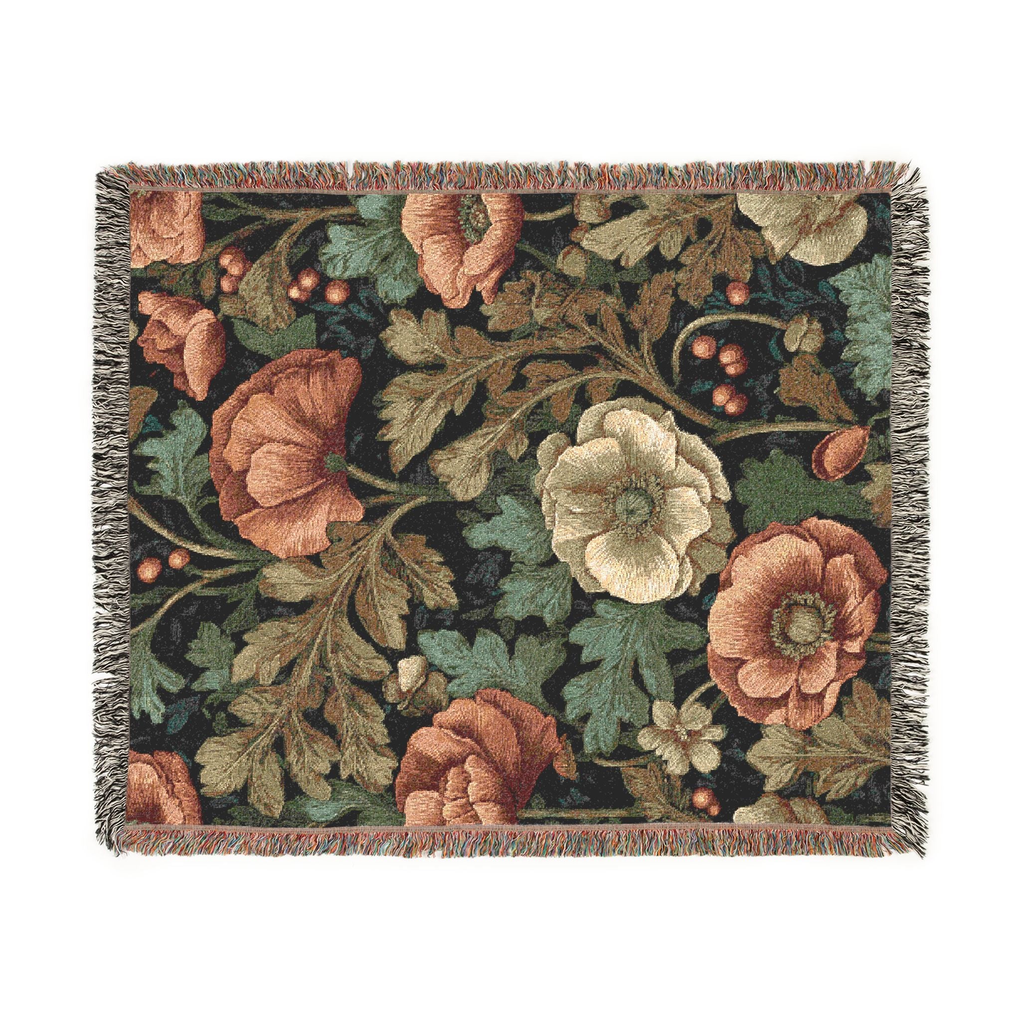 William Morris Poppy Garden Woven Blanket | Coral Orange & Teal Floral Throw