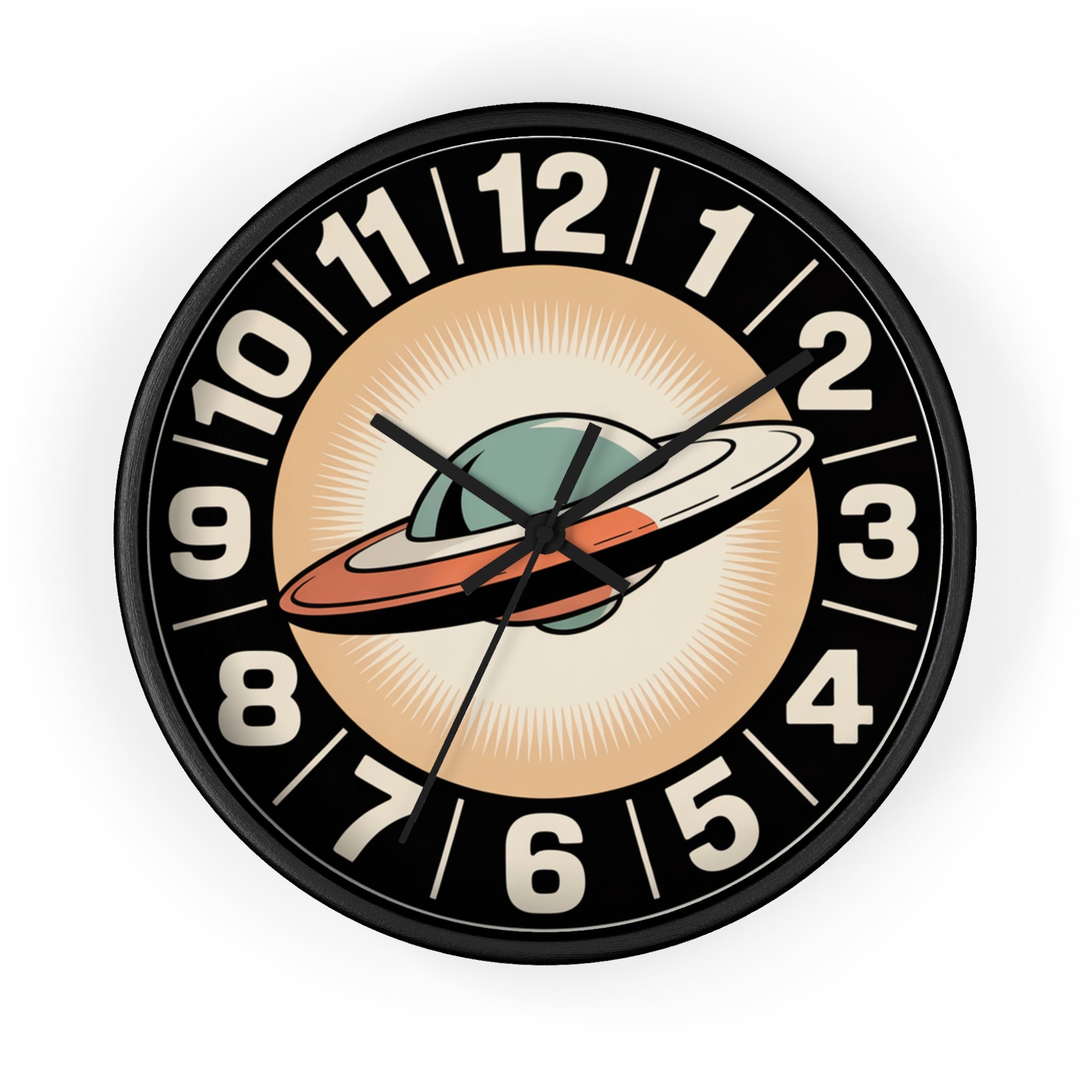 Mid Century Modern Clock, Retro UFO Wall Clock, Space Age Flying Saucer Design, Atomic Starburst Dial, 1950s Sci Fi Decor