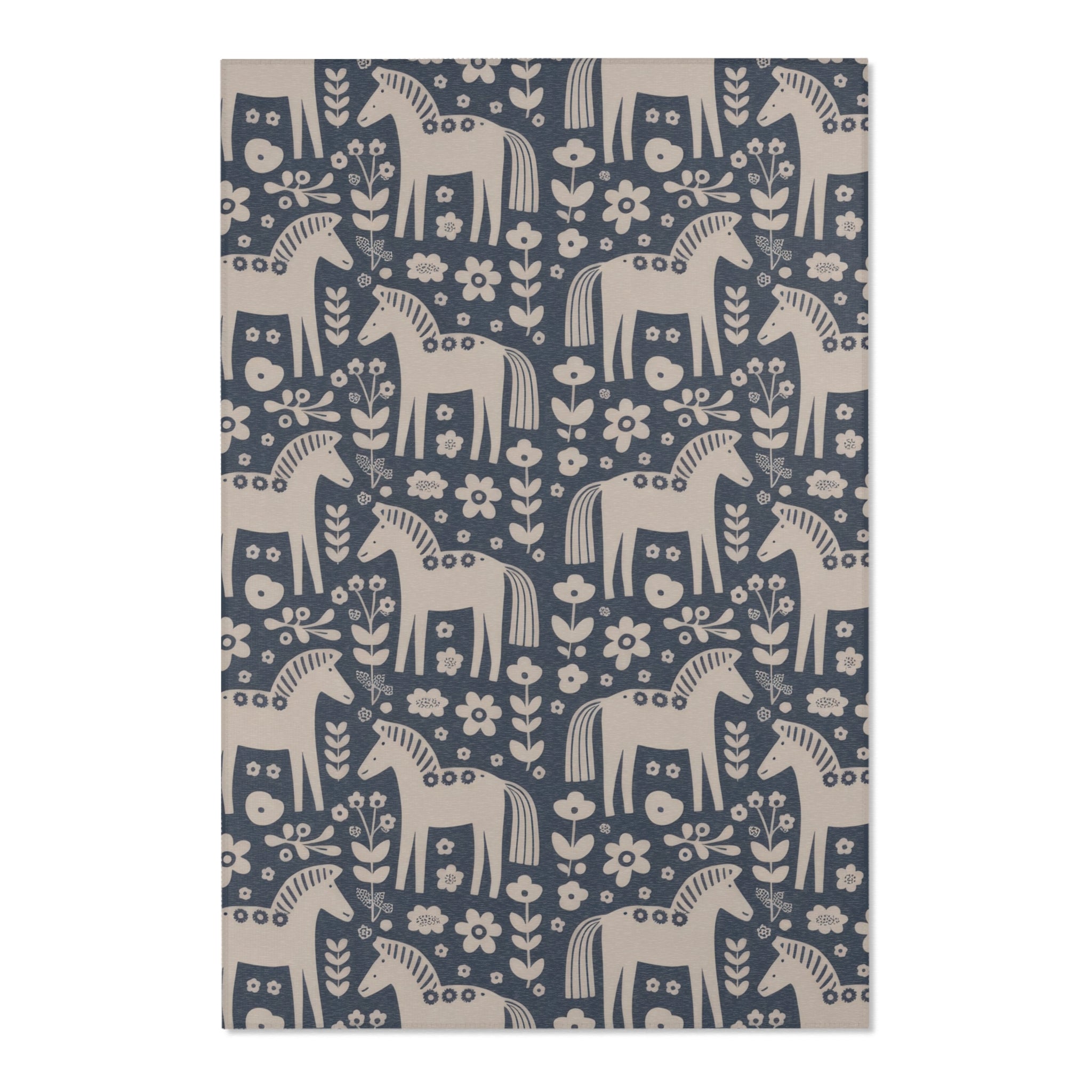 Scandinavian Dala Horse Pattern Area Rug | Folk Art Nordic Floral