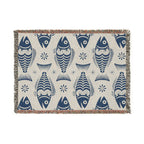Blue and cream Scandinavian folk fish woven blanket with decorative fringe
