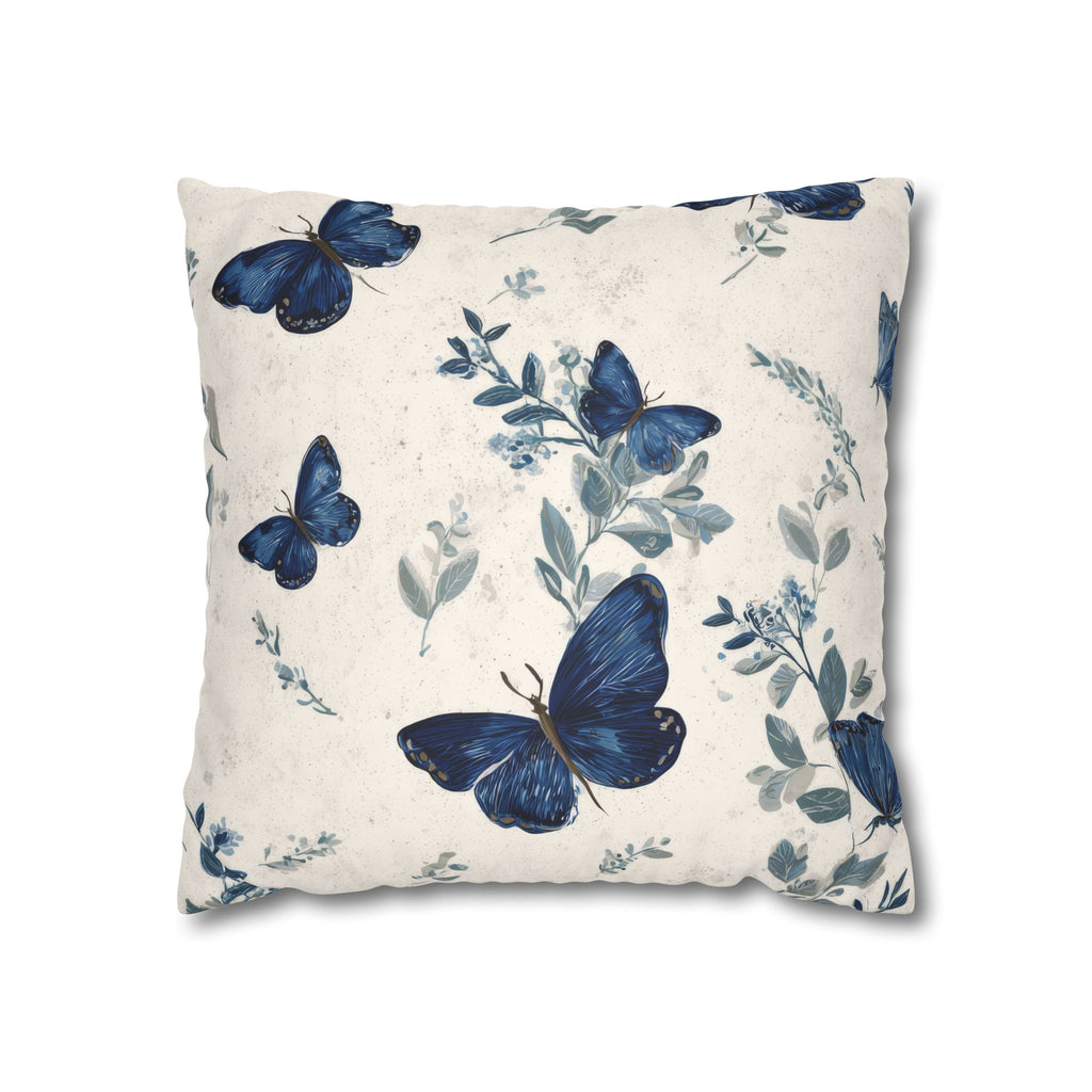 Blue Butterfly Botanical Faux Suede Pillowcase | Sapphire Cobalt Butterflies